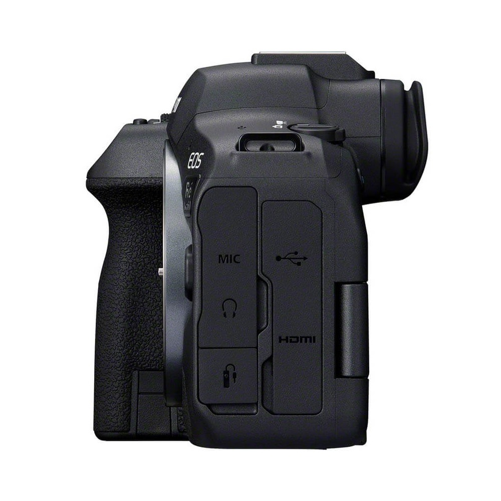 A side view of a black camera. The camera has buttons for mic, headphones, HDMI, and USB.
