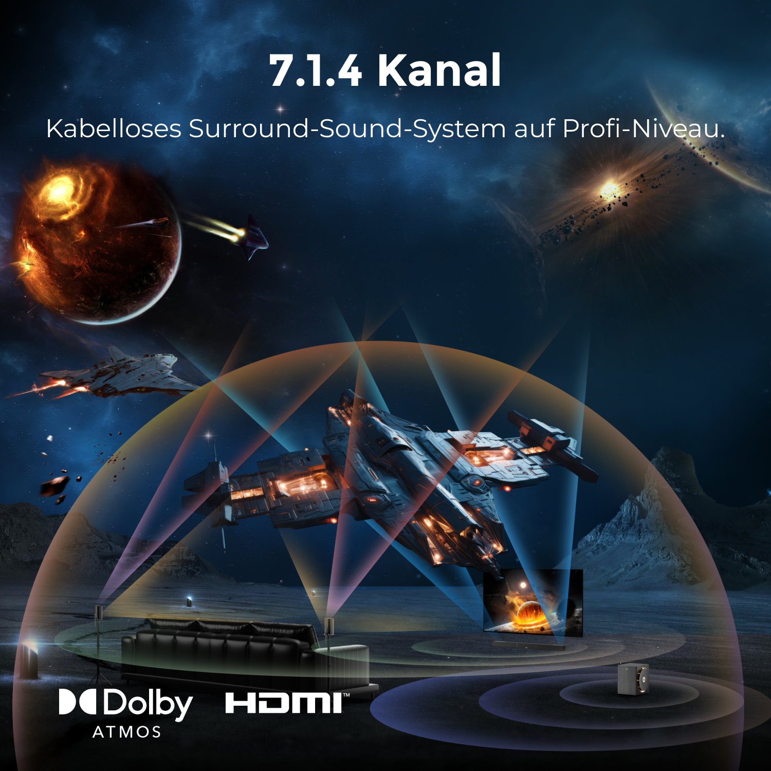 Statek kosmiczny leci w kosmosie. Sofa i głośniki są na planecie. Tekst: '7.1.4 Kanal', 'Dolby Atmos' i 'HDMI'.