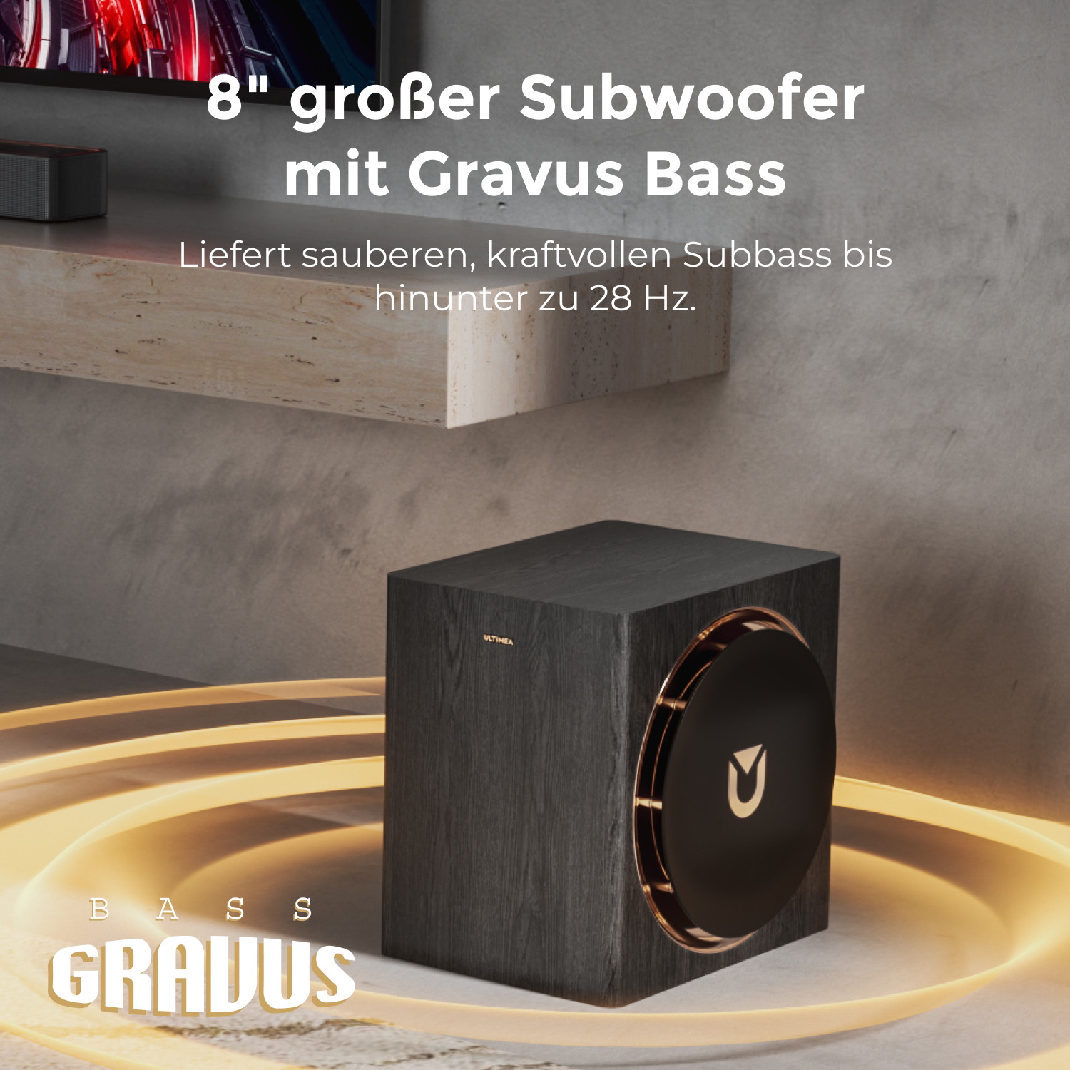 Ein dunkler Subwoofer mit goldenem Ring und dem Wort GRAVUS. Oben steht '8" großer Subwoofer mit Gravus Bass'.