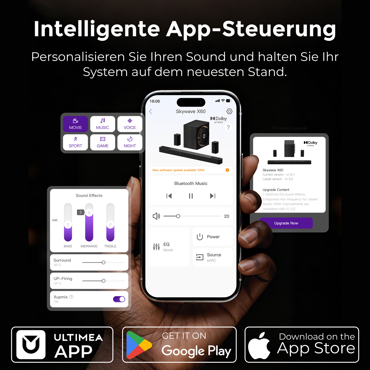Ręka trzyma telefon z interfejsem aplikacji. Aplikacja kontroluje system dźwiękowy z opcjami i ustawieniami.