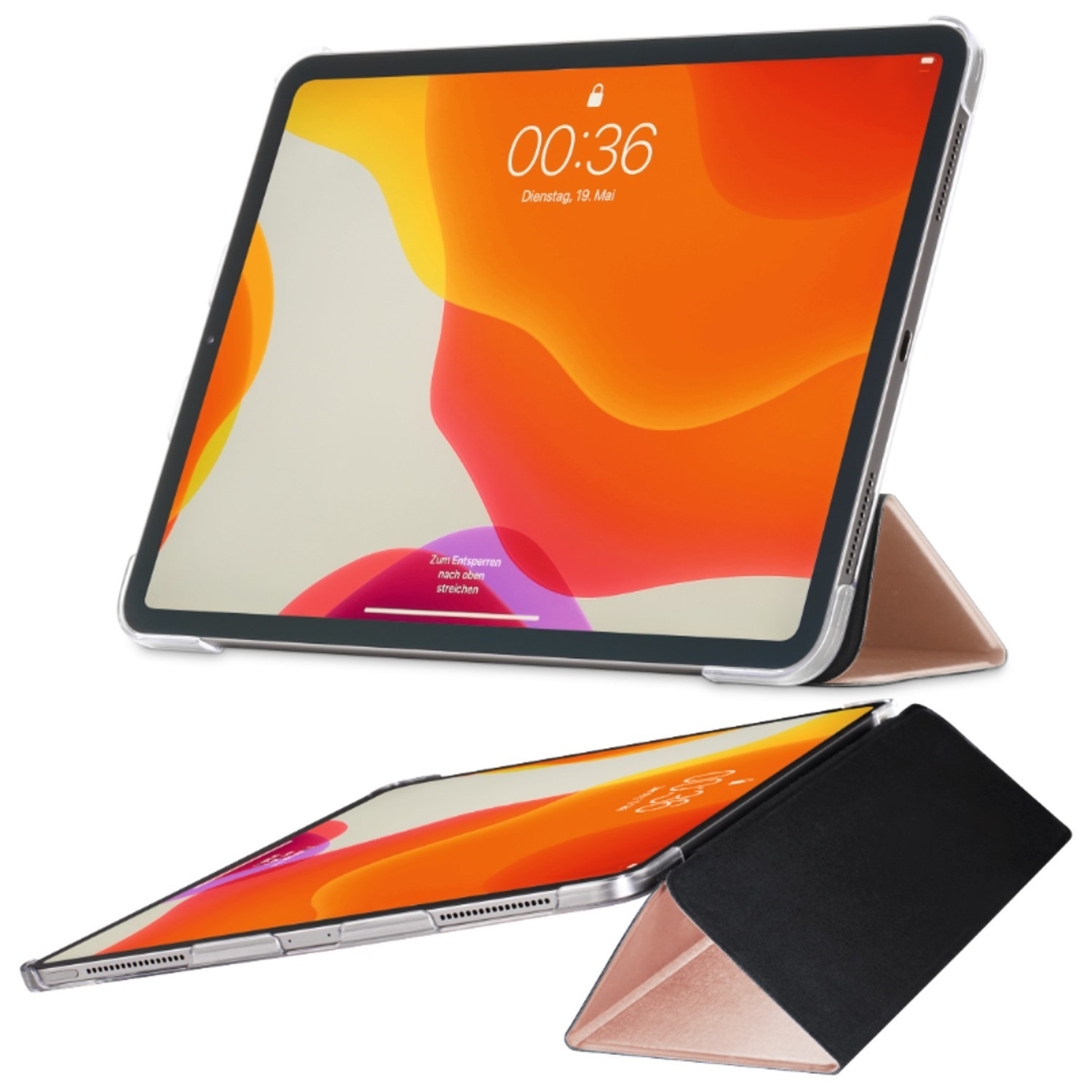 Zwei iPads mit orangefarbenem Hintergrund. Eines ist hochgestellt, das andere gefaltet. Beide haben Schutzhüllen. Die Bildschirme zeigen die Uhrzeit.