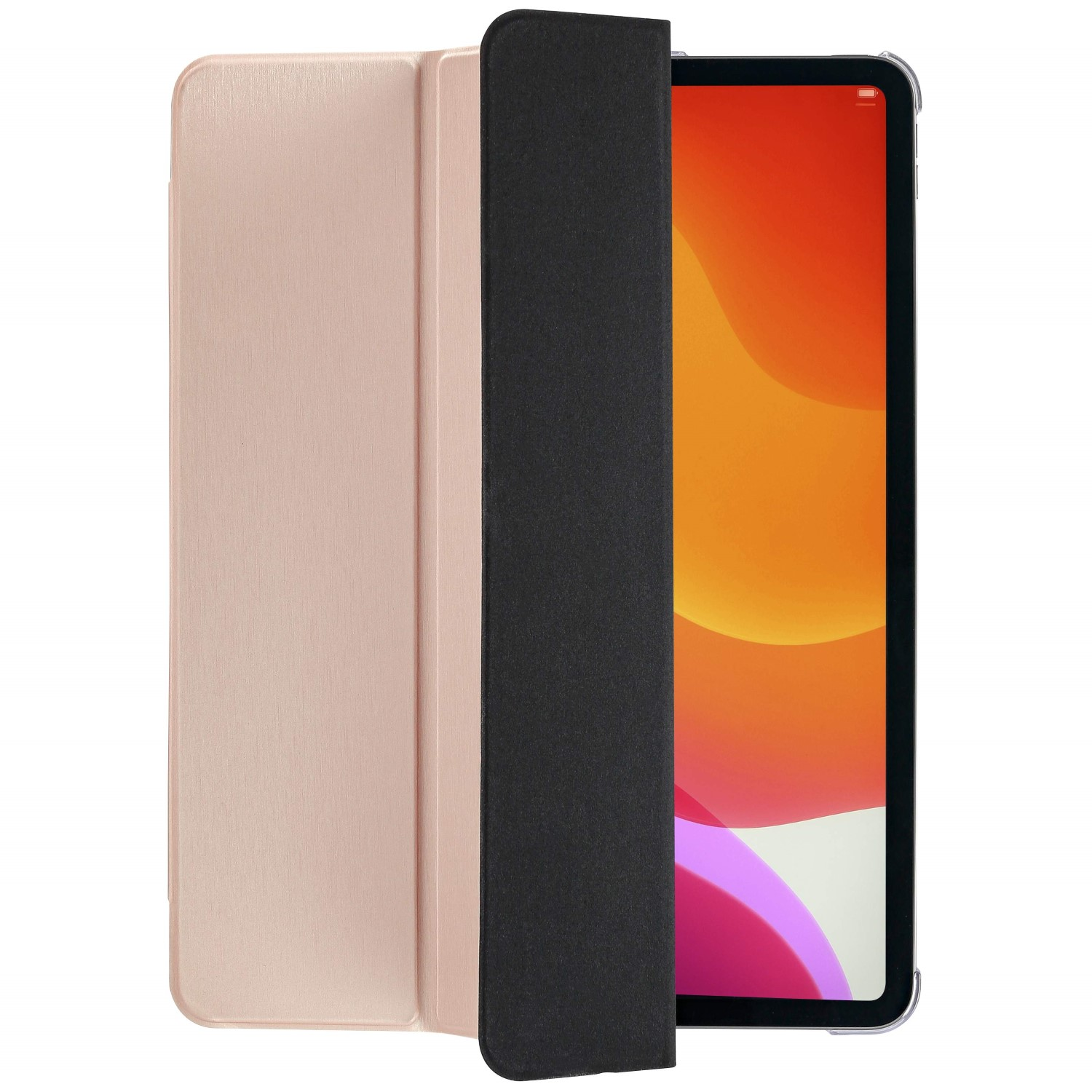 Ein iPad in einer rosa Hülle mit schwarzem Klappdeckel, der den Bildschirm teilweise bedeckt. Der Bildschirm zeigt einen orangefarbenen Farbverlauf.