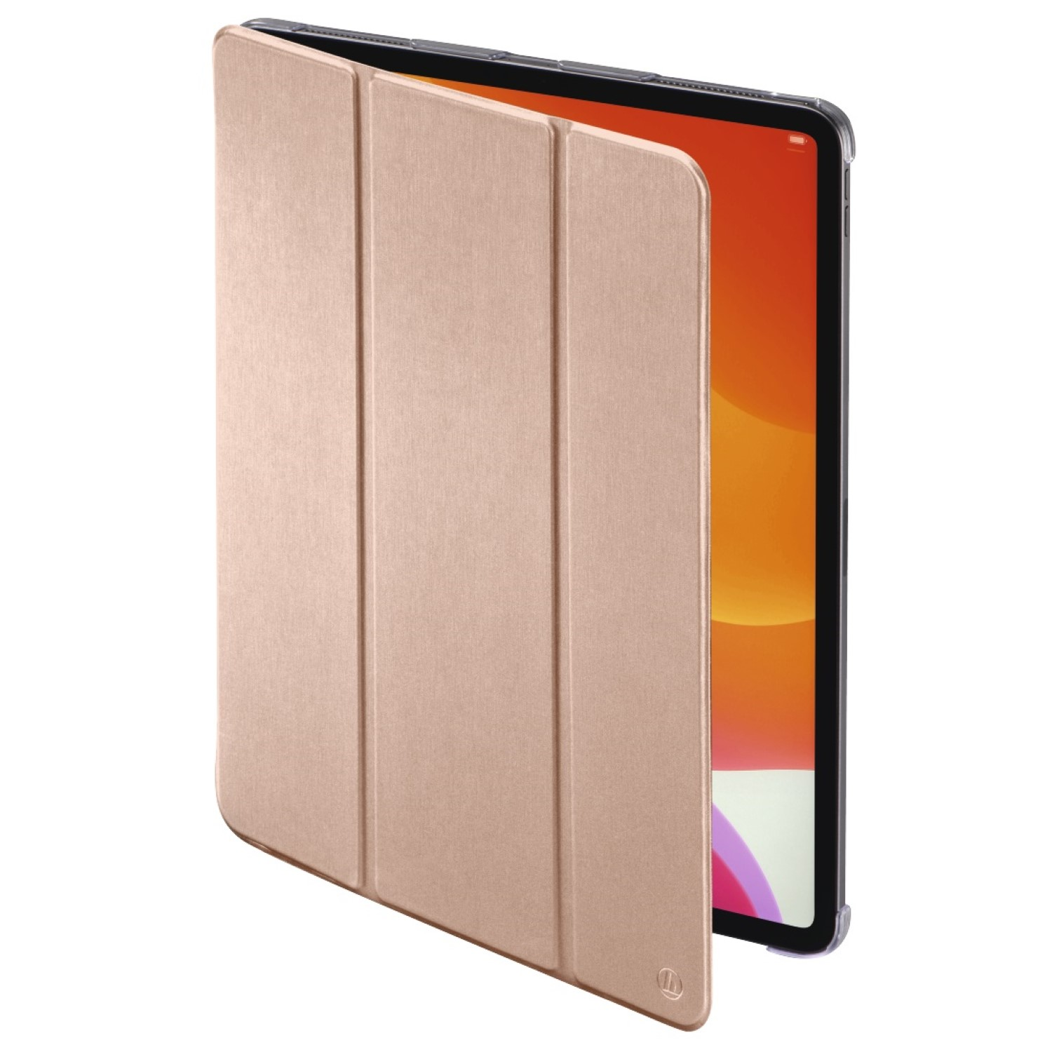 Ein iPad mit einer roségoldenen Hülle. Die Hülle ist geöffnet und gibt den Bildschirm frei. Der Hintergrund ist weiß.