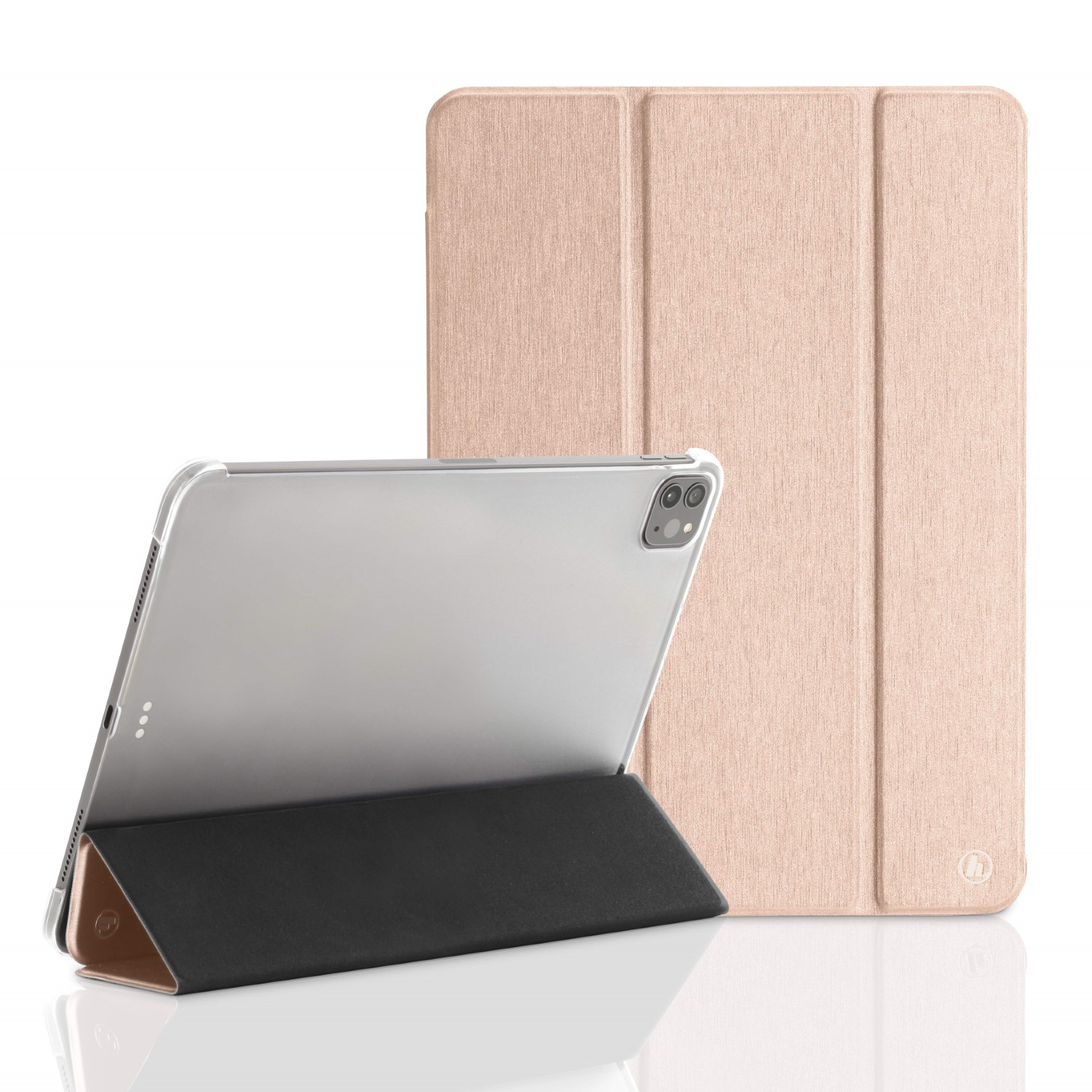 Ein iPad Pro mit schwarzem Ständer und rosa Hülle wird auf weißer Oberfläche präsentiert.