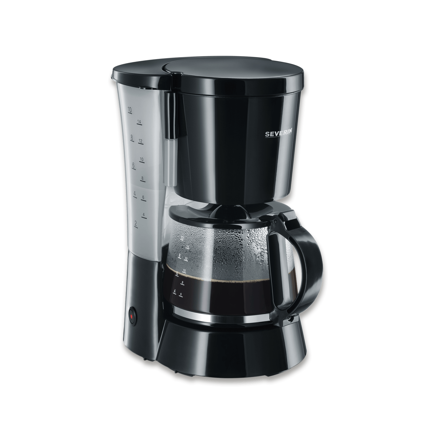 Czarny ekspres do kawy ze szklaną karafką wypełnioną kawą. Jest na zielonym tle. Widoczna jest nazwa marki.