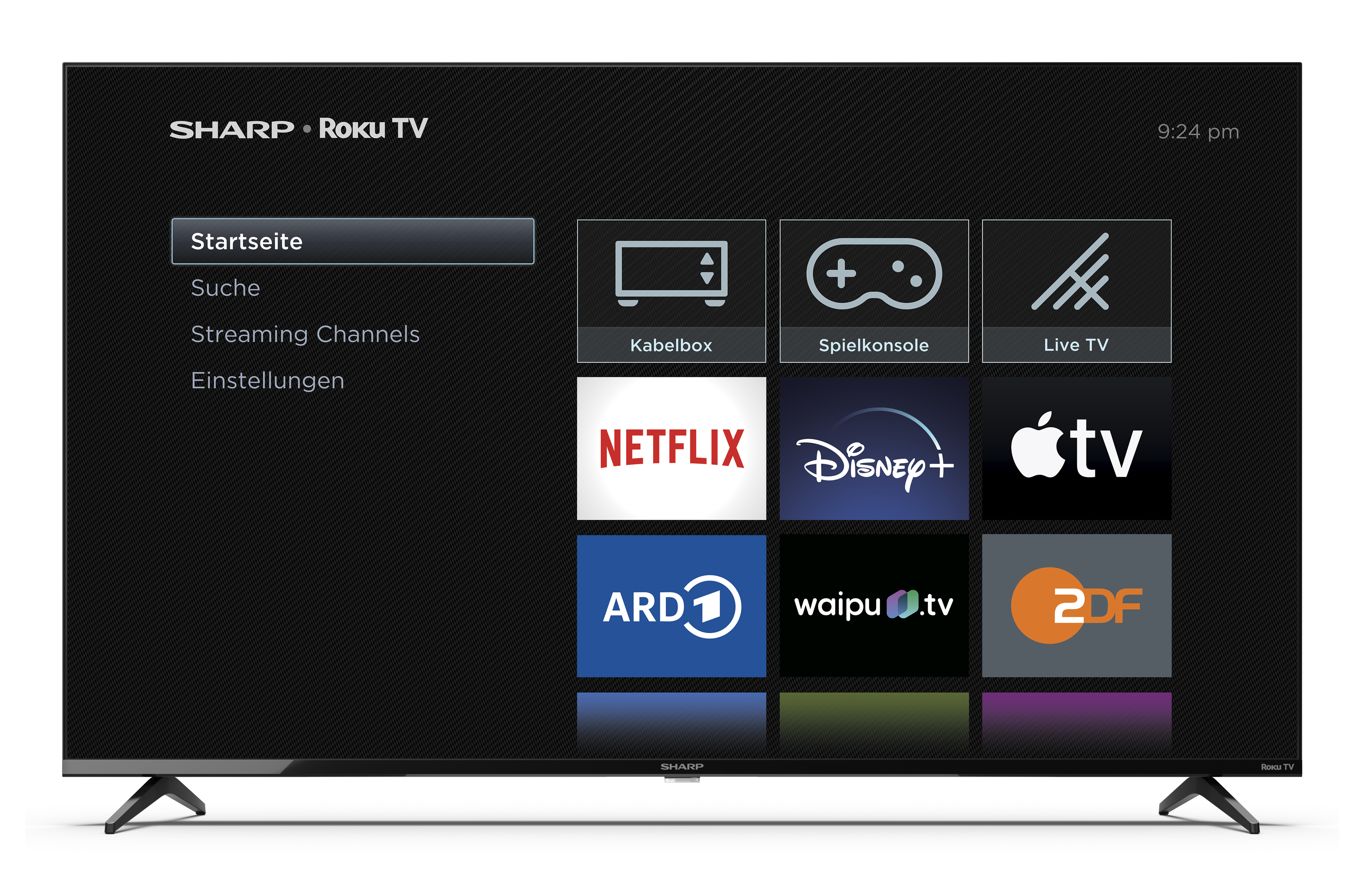 Ein Sharp Roku TV zeigt einen Startbildschirm mit App-Symbolen wie Netflix, Disney+ und ARD.