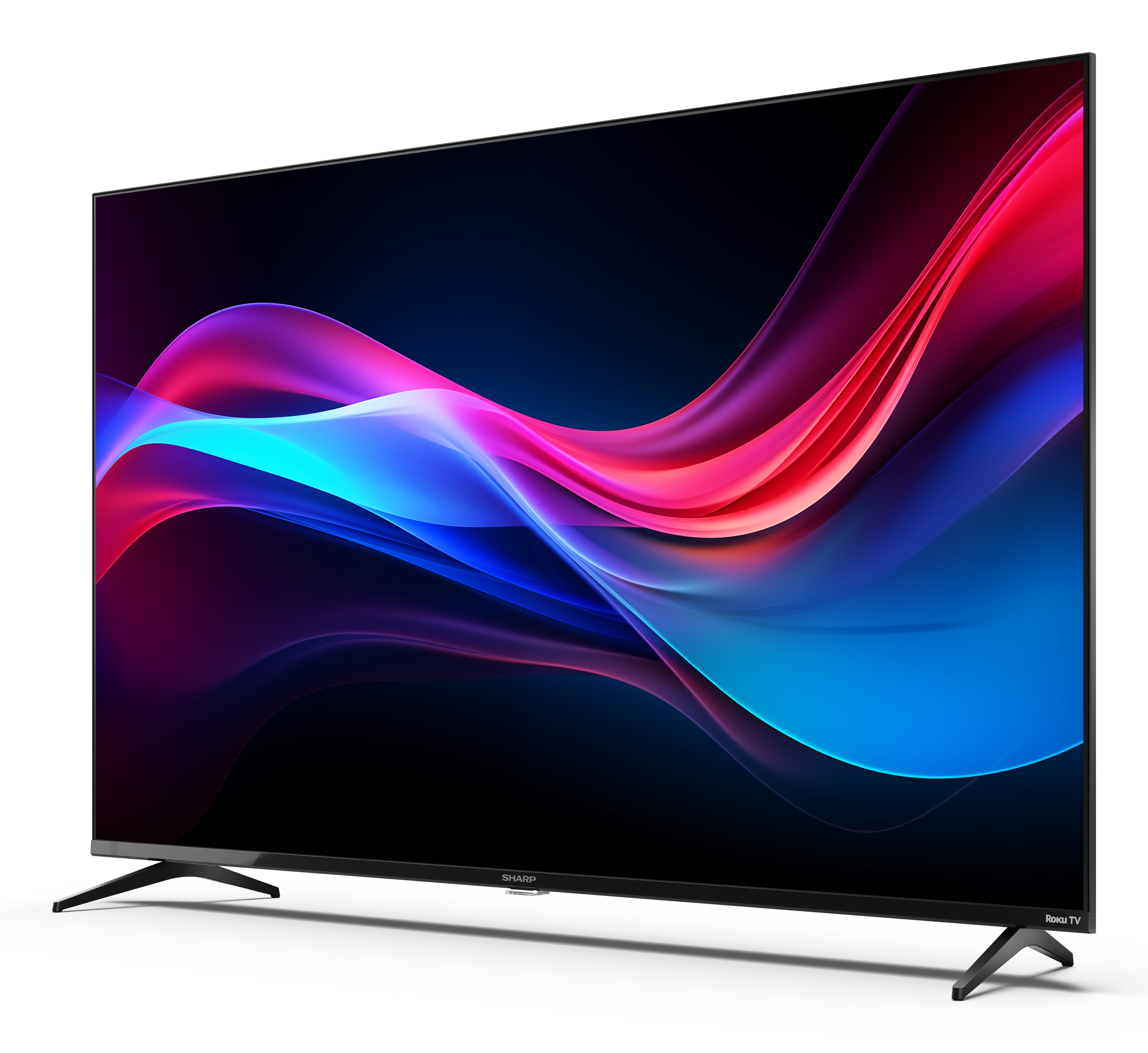 Ein Sharp Roku TV zeigt ein farbenfrohes abstraktes Bild. Es steht auf zwei schwarzen Beinen. Der Hintergrund ist weiß.
