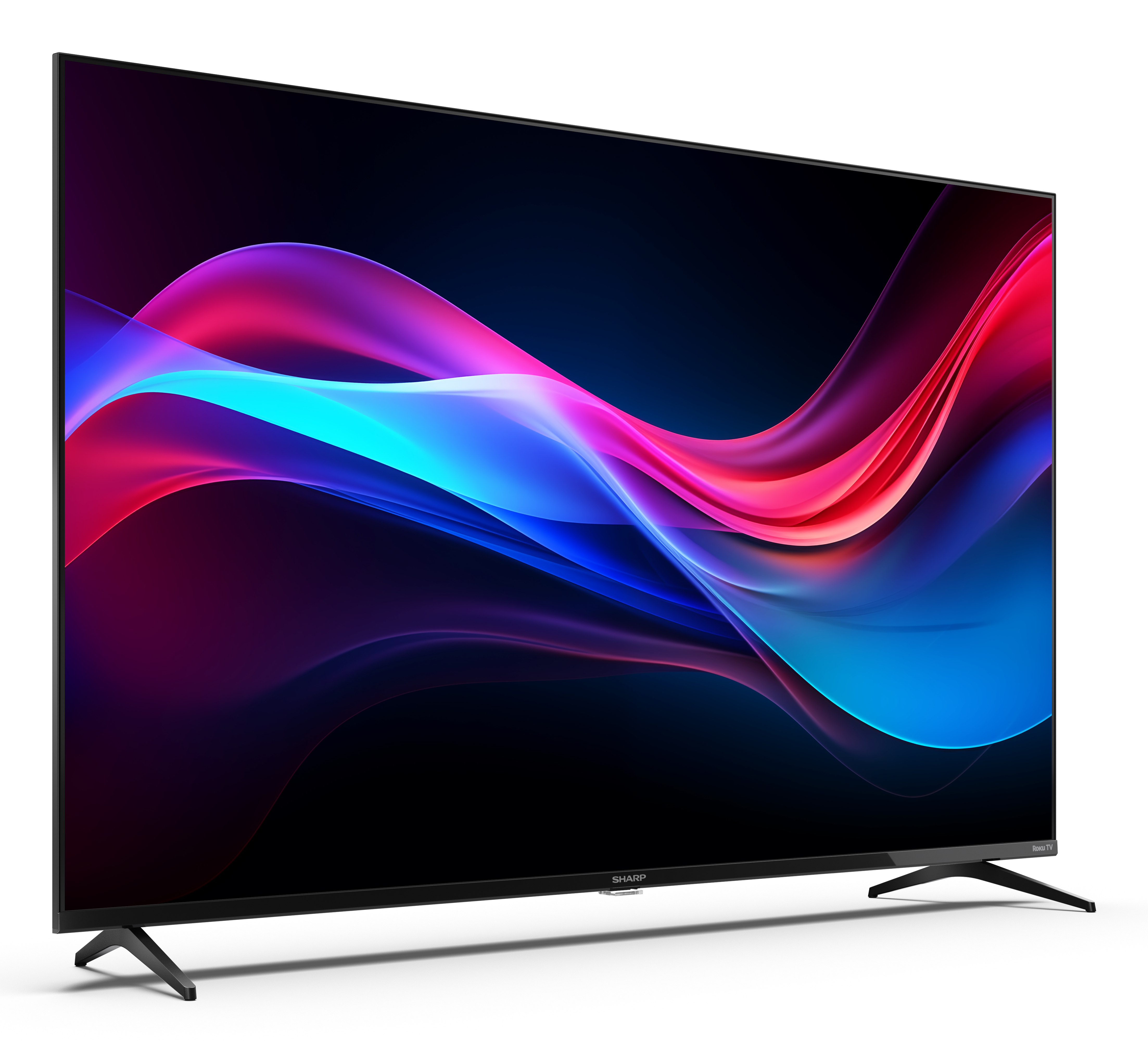 Ein großer, moderner Fernseher mit farbenfroher, abstrakter Anzeige. Der Fernseher hat schwarze Beine und einen schwarzen Rahmen.