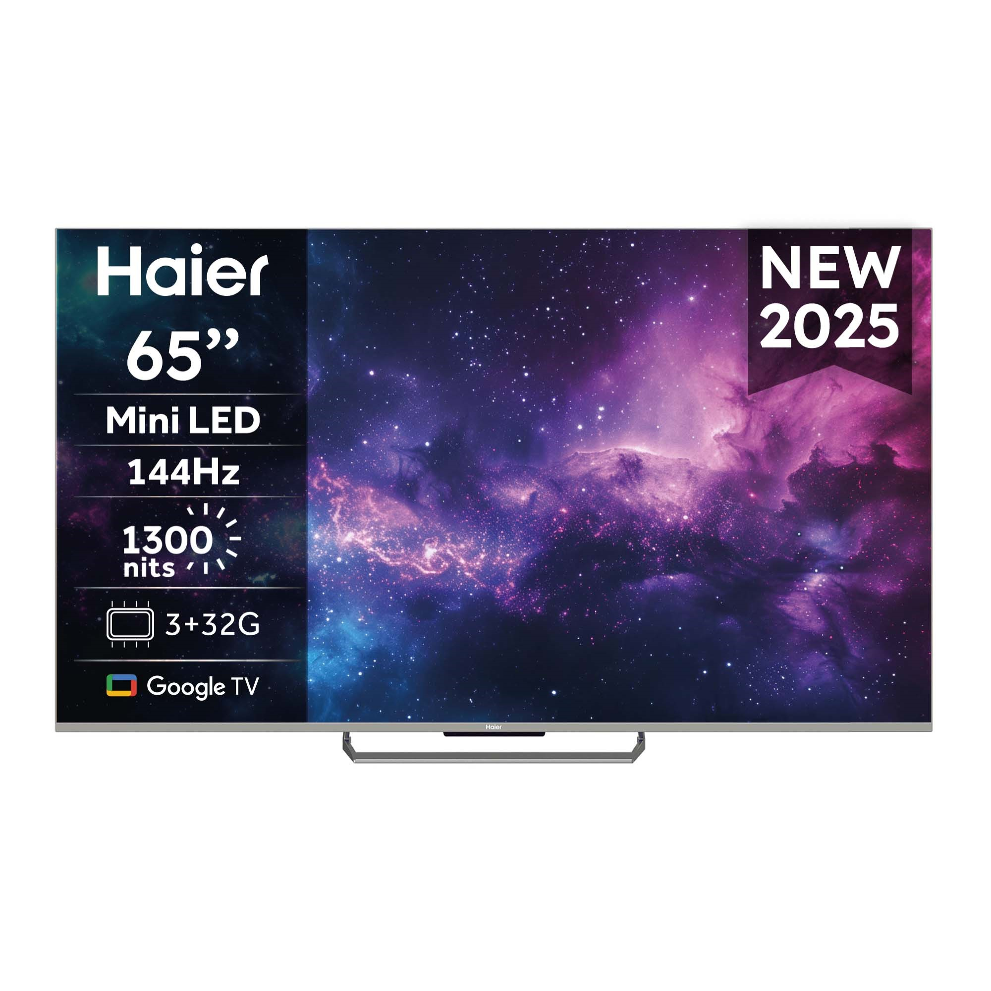 Téléviseur Haier 65" Mini LED. Caractéristiques : 144 Hz, 1300 nits, 3+32G, Google TV. Écran avec fond de galaxie. NOUVEAU 2025.