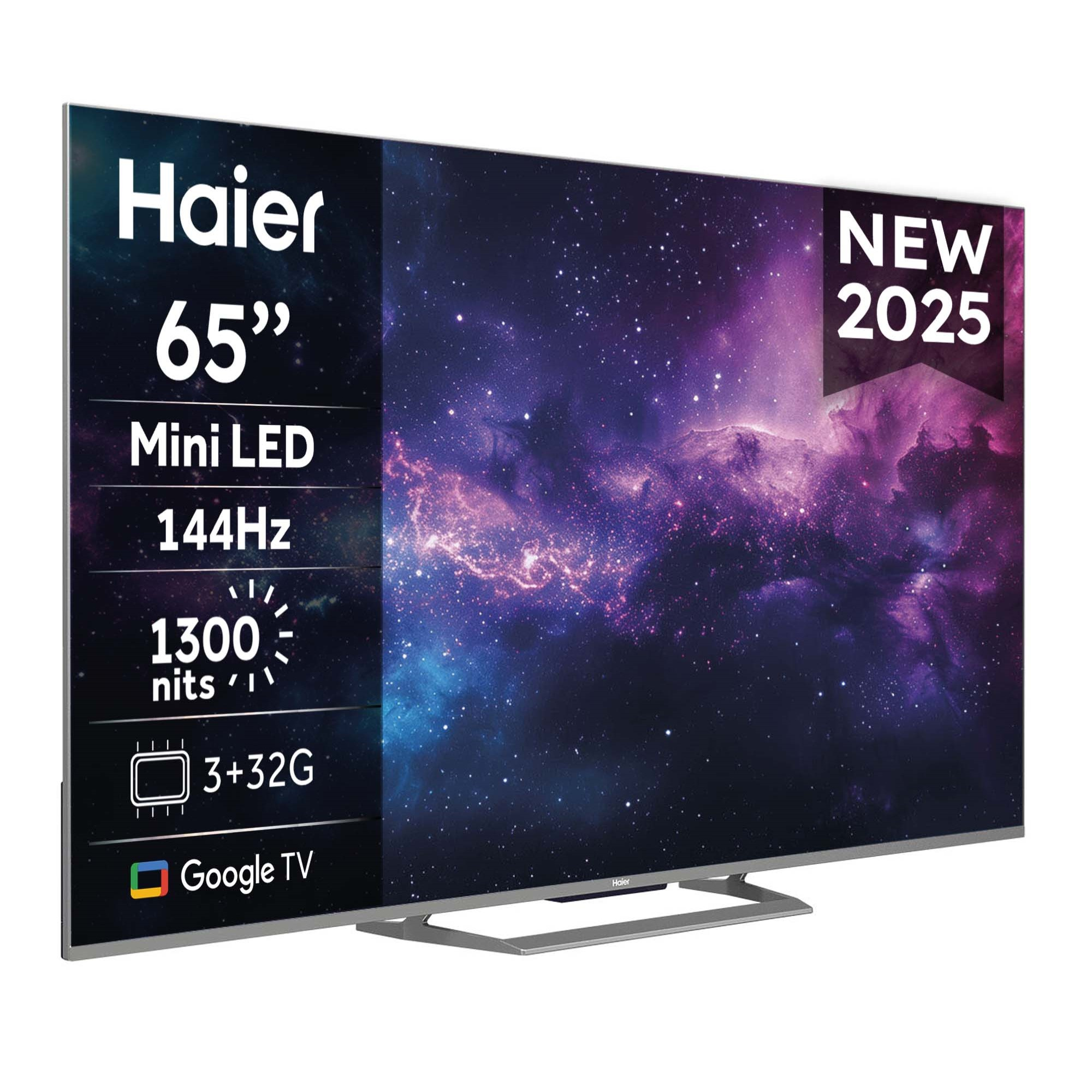 Un écran de télévision Haier 65" affiche une scène spatiale. Il possède Mini LED, 144Hz, 1300 nits et Google TV. C'est le nouveau modèle 2025.