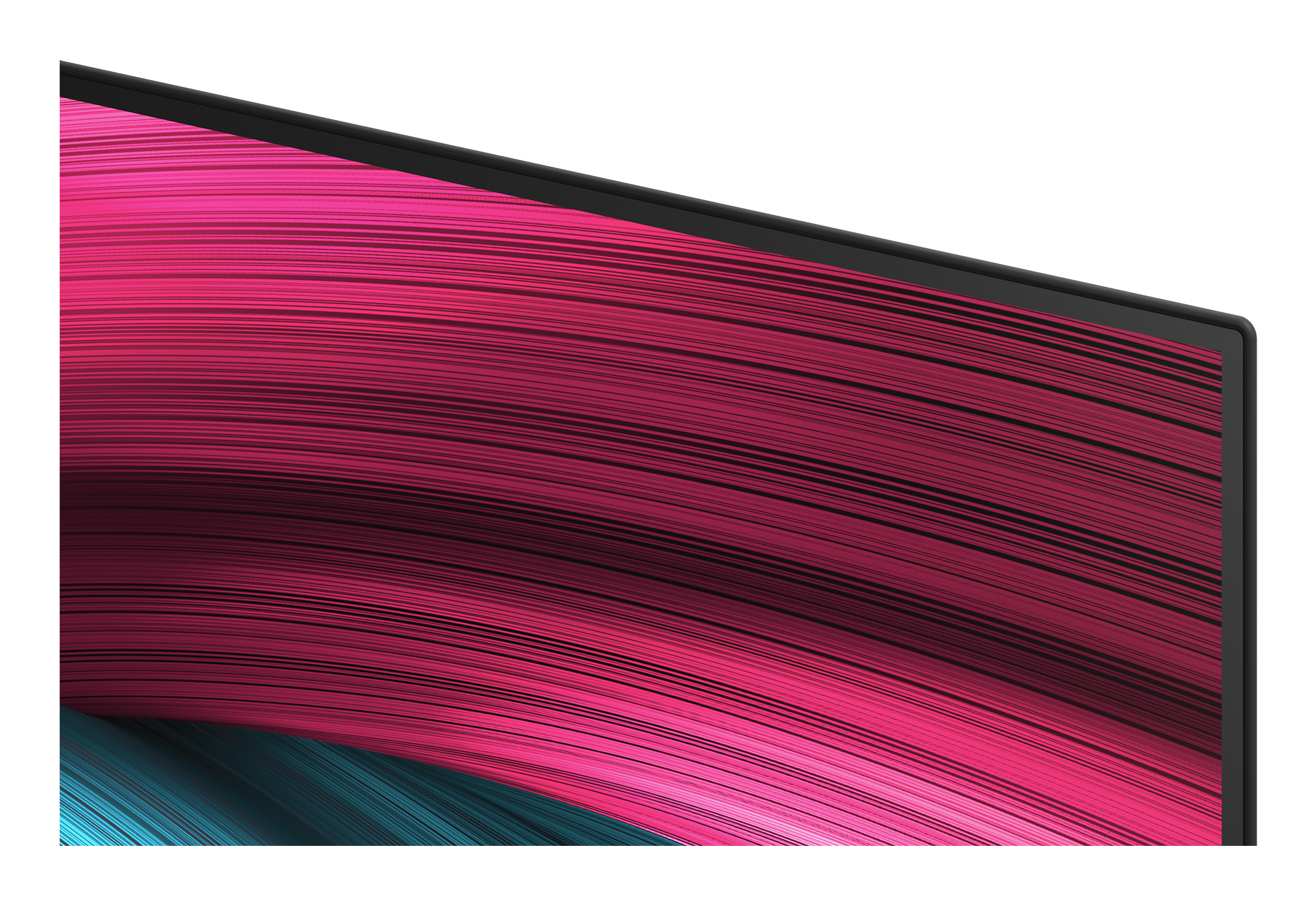 Zbliżenie ekranu z różowymi i turkusowymi zakrzywionymi liniami. Czarna ramka, białe tło.