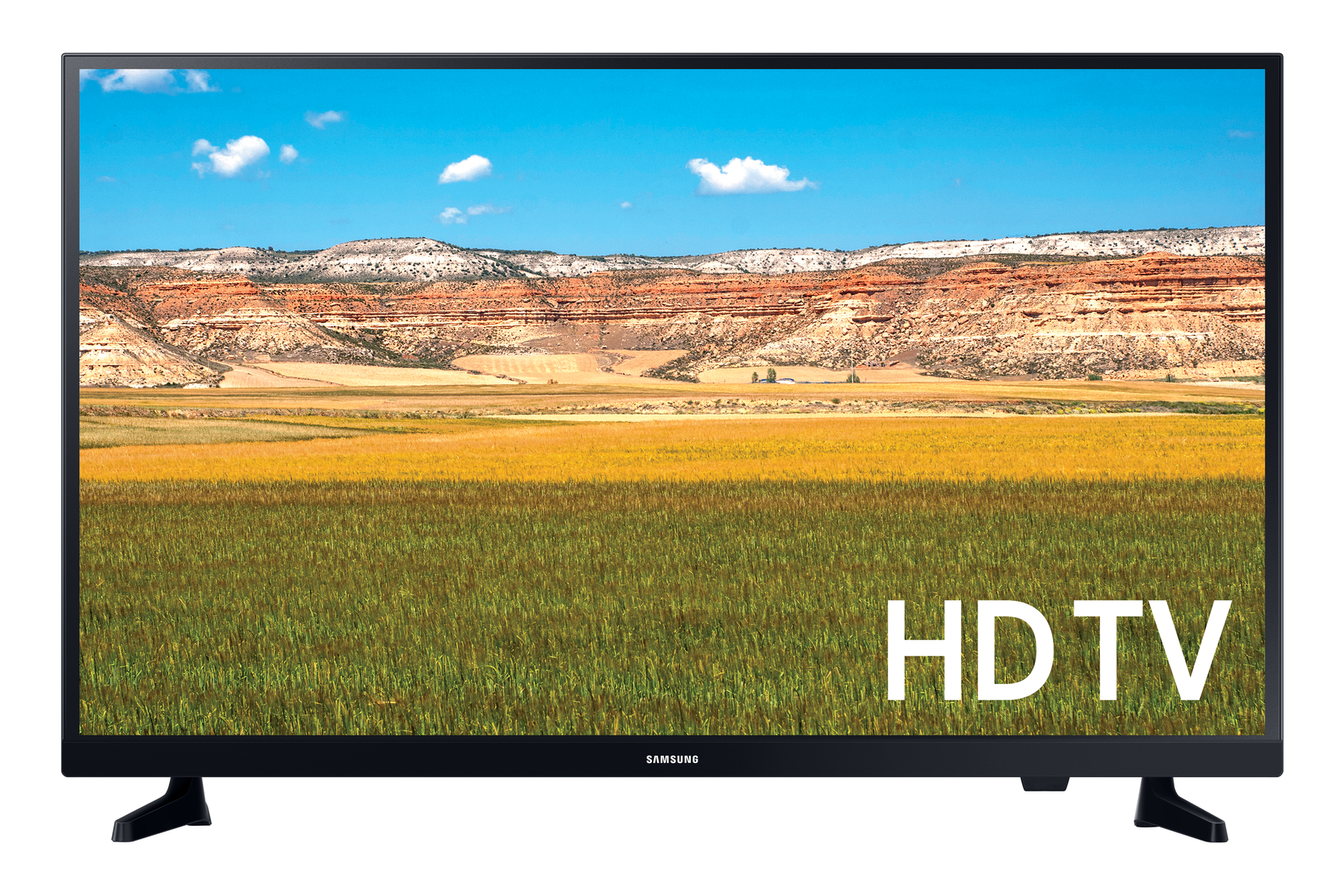 Un HDTV Samsung mostra un paesaggio con cielo blu, nuvole e colline. Campi verdi e gialli in primo piano.