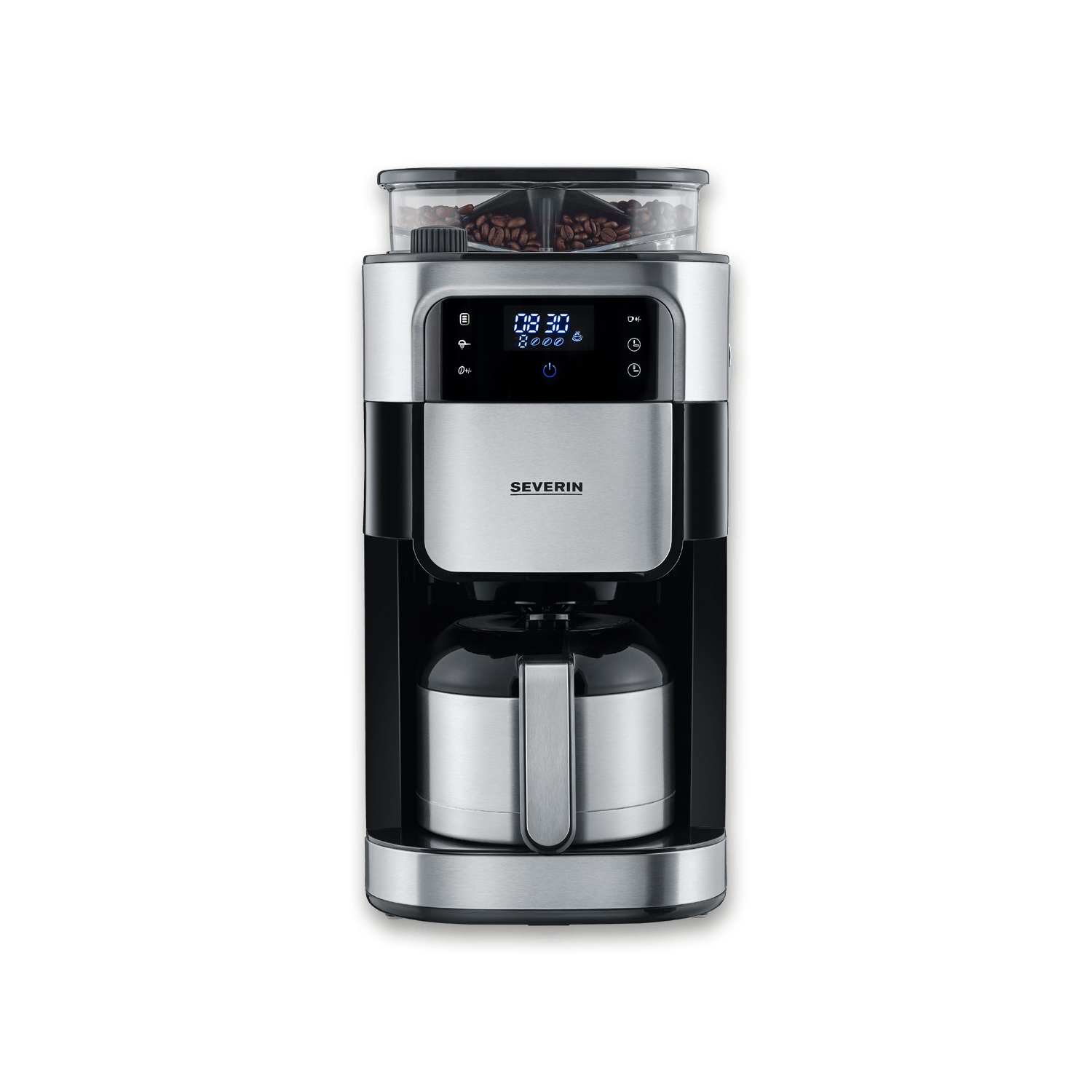 Srebrno-czarny ekspres do kawy Severin z pojemnikiem na ziarna i wyświetlaczem cyfrowym na zielonym tle.