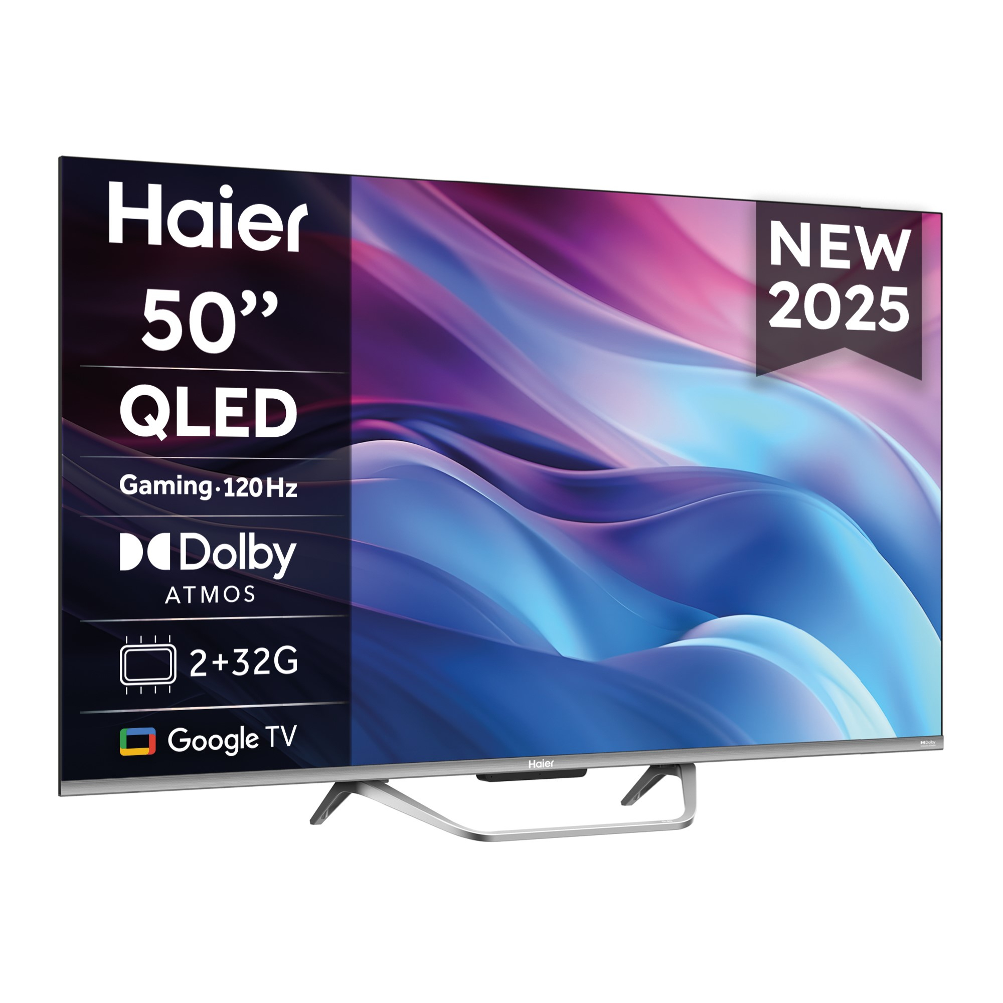 Un televisor Haier QLED de 50". Tiene Dolby Atmos, Google TV y una etiqueta 'Nuevo 2025'. Un soporte plateado sostiene el TV.