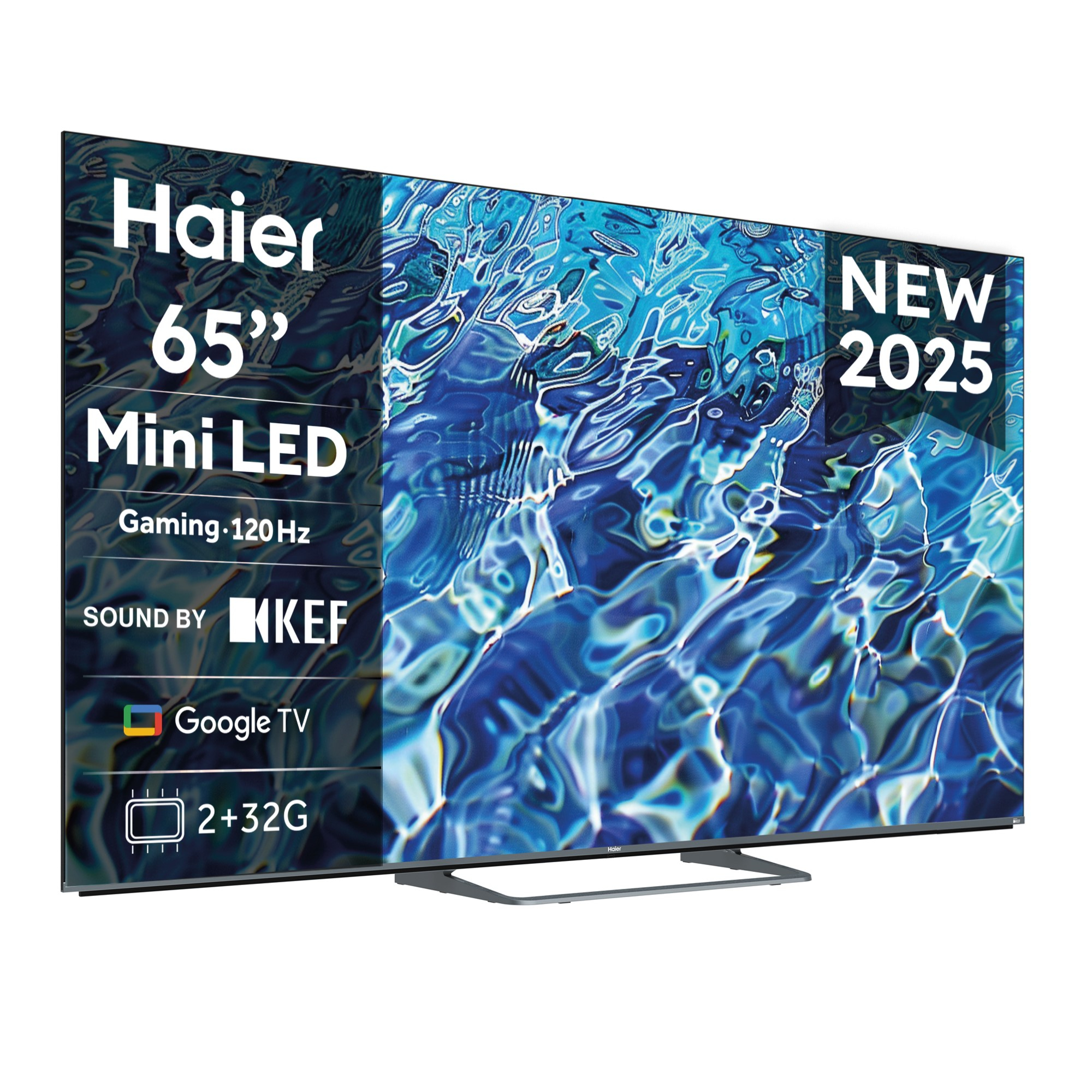 Televisor Haier Mini LED de 65". Incluye Gaming 120Hz, Google TV y sonido de KEF. El televisor está etiquetado como 'NEW 2025'.