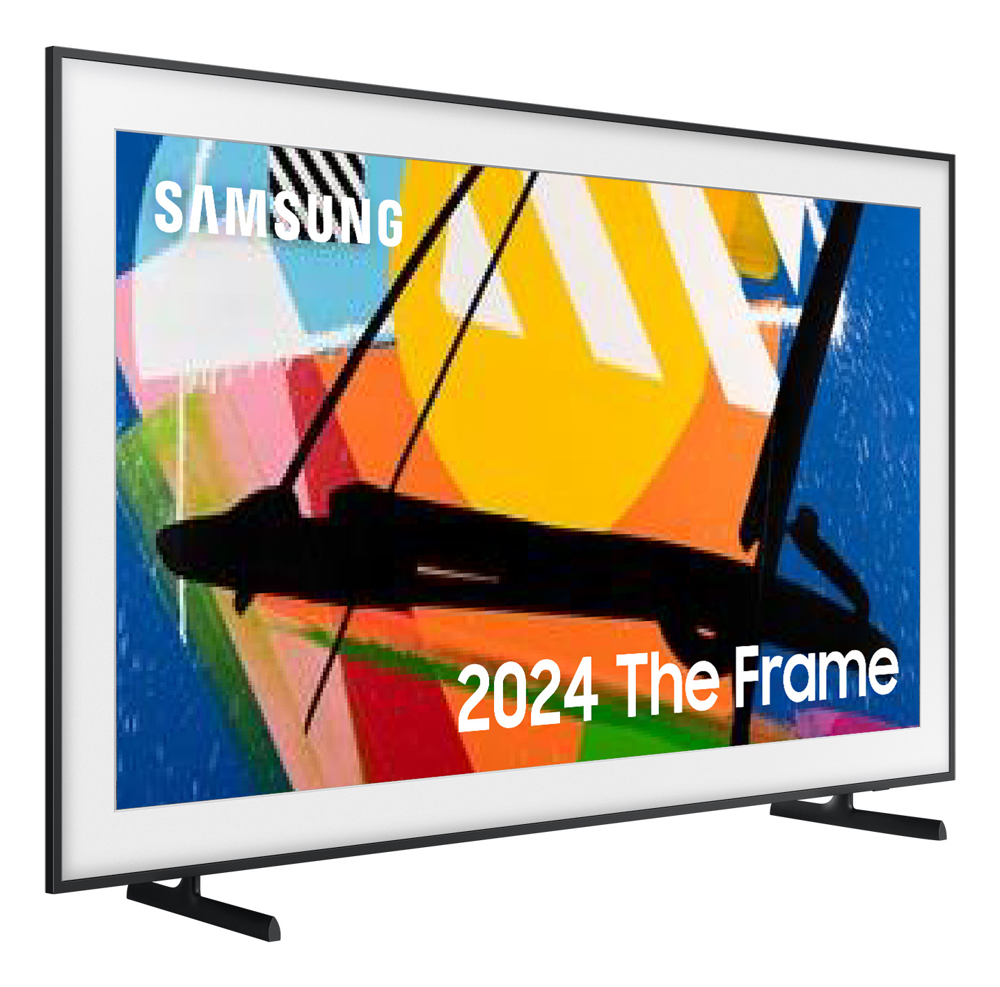 Een Samsung 'The Frame' tv toont kleurrijke abstracte kunst. Zwarte lijst en standaard, met de woorden '2024 The Frame' onderaan.