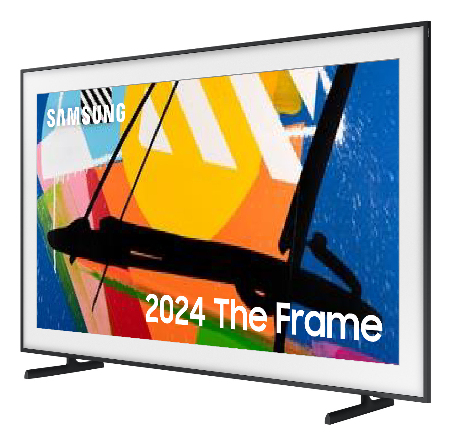 Een Samsung 'The Frame' tv toont kleurrijke abstracte kunst. Zwart frame en standaard. De woorden '2024 The Frame' zijn zichtbaar.