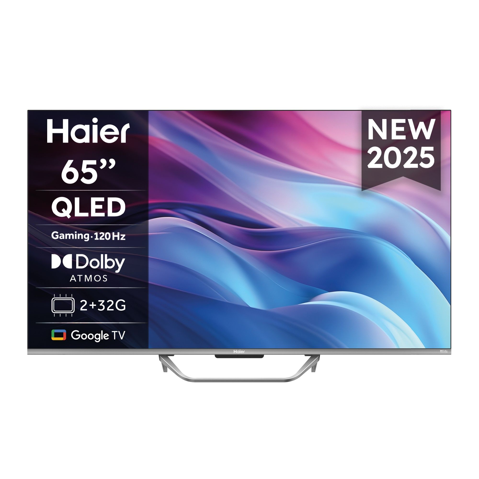 Un téléviseur Haier QLED 65" avec l'étiquette 'Nouveau 2025'. Comprend Dolby Atmos, Google TV et 2+32G. Le fond présente des vagues abstraites bleues et violettes.