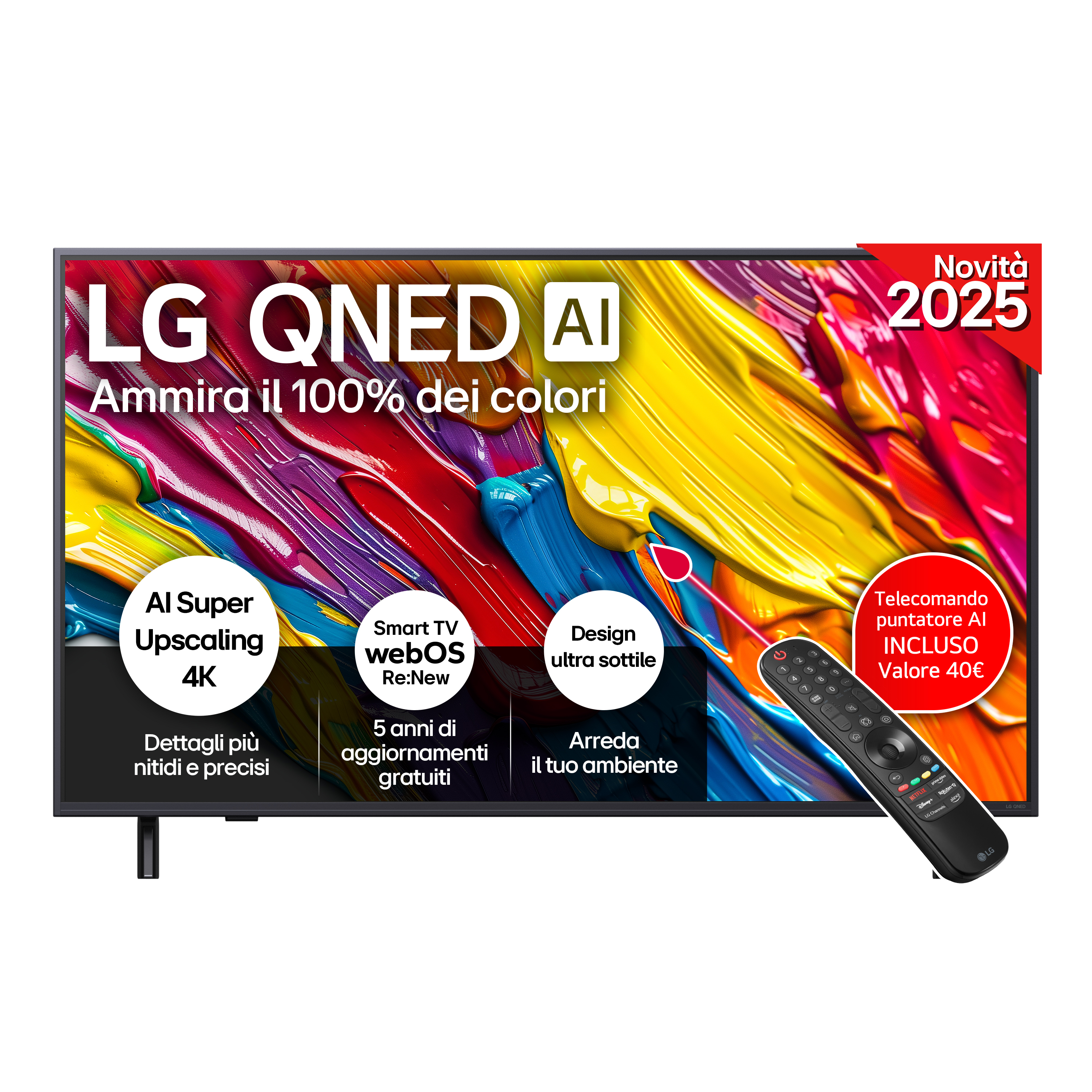 Un TV LG QNED AI. Ha uno sfondo astratto colorato. È incluso un telecomando. È un modello 2025.