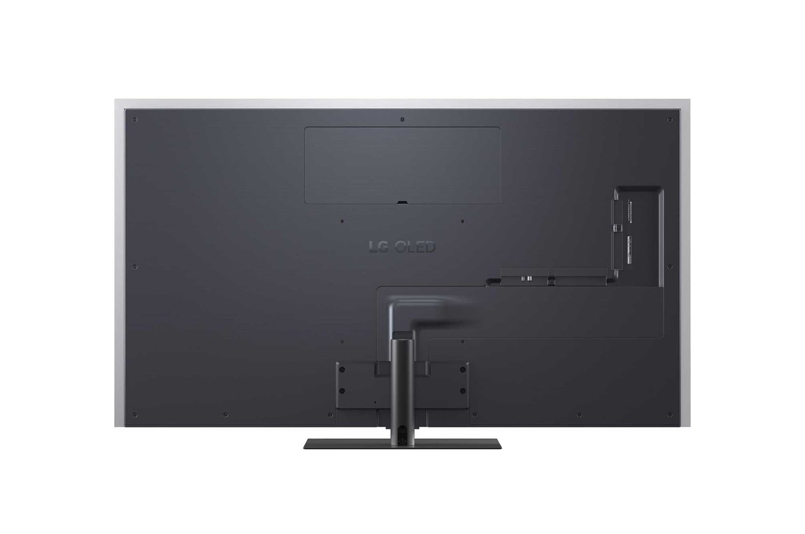 Rückansicht eines LG OLED Fernsehers auf weißem Hintergrund. Es hat eine dunkelgraue Rückwand, Anschlüsse und einen Ständer.