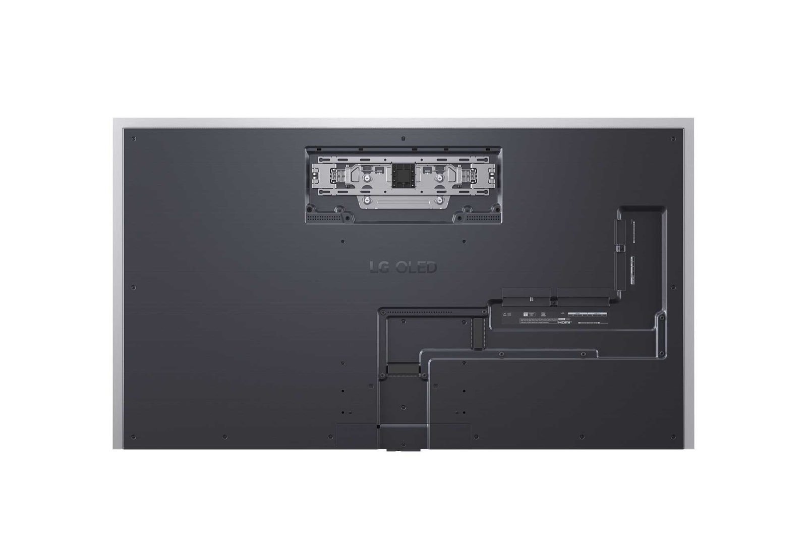 Rückseite eines LG OLED-Fernsehers. Dunkelgrau mit verschiedenen Anschlüssen und dem LG OLED-Logo. Silberner Rahmen umrandet den Fernseher.