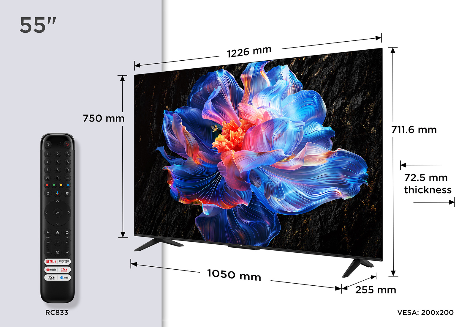 Telewizor 55-calowy wyświetla kolorowy obraz kwiatu. Wymiary: 1226 mm szerokości, 750 mm wysokości i 72,5 mm grubości. Obok pilot.