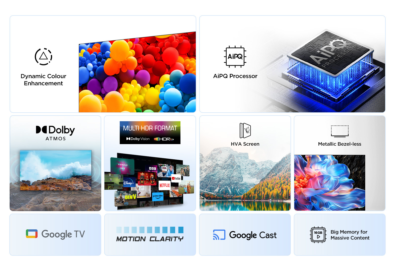 Funkcje telewizora: dynamiczny kolor, Dolby Atmos, HDR, procesor AiPQ, ekran HVA, metalowa ramka bez obramowania, Google TV, Cast i 16 GB pamięci.