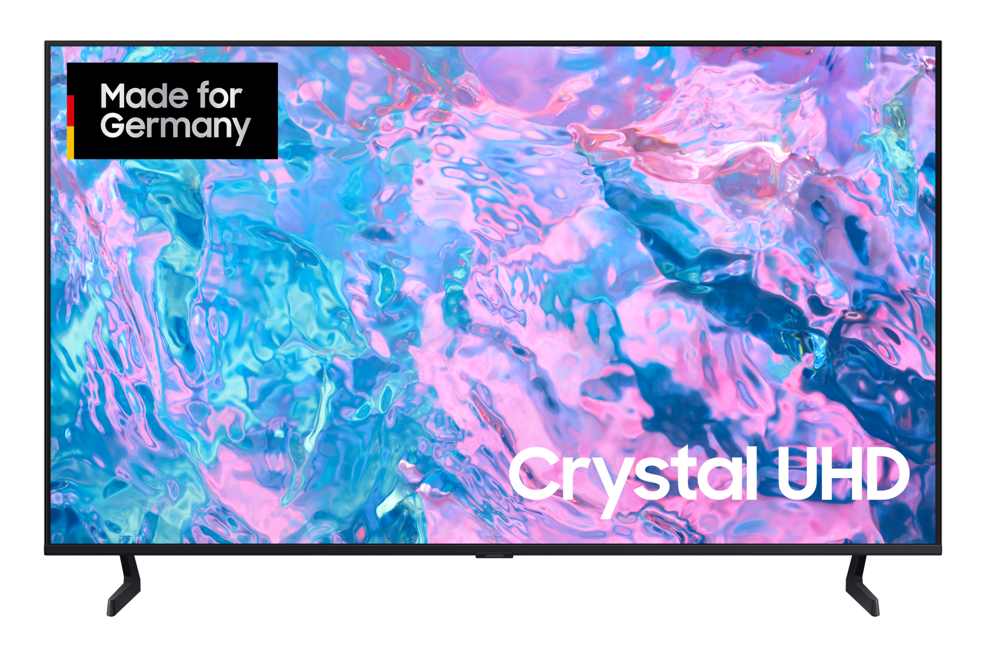 Ein Samsung Crystal UHD TV zeigt ein abstraktes Muster aus Blau, Rosa und Weiß. Es hat ein 'Made for Germany' Logo.