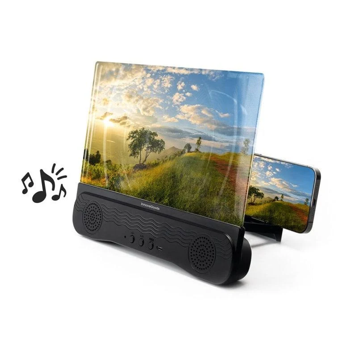 Un amplificador de pantalla de teléfono con vista de paisaje. El dispositivo tiene altavoces y un soporte. Notas musicales a la izquierda.