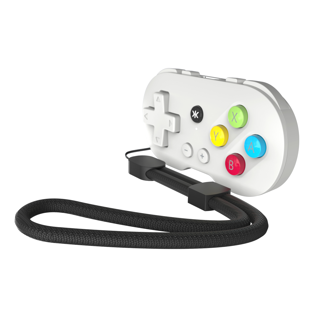 Ein weißer Gamecontroller mit bunten Knöpfen und einem schwarzen Handgelenkriemen. Der Controller hat ein D-Pad, Tasten und ein Logo.