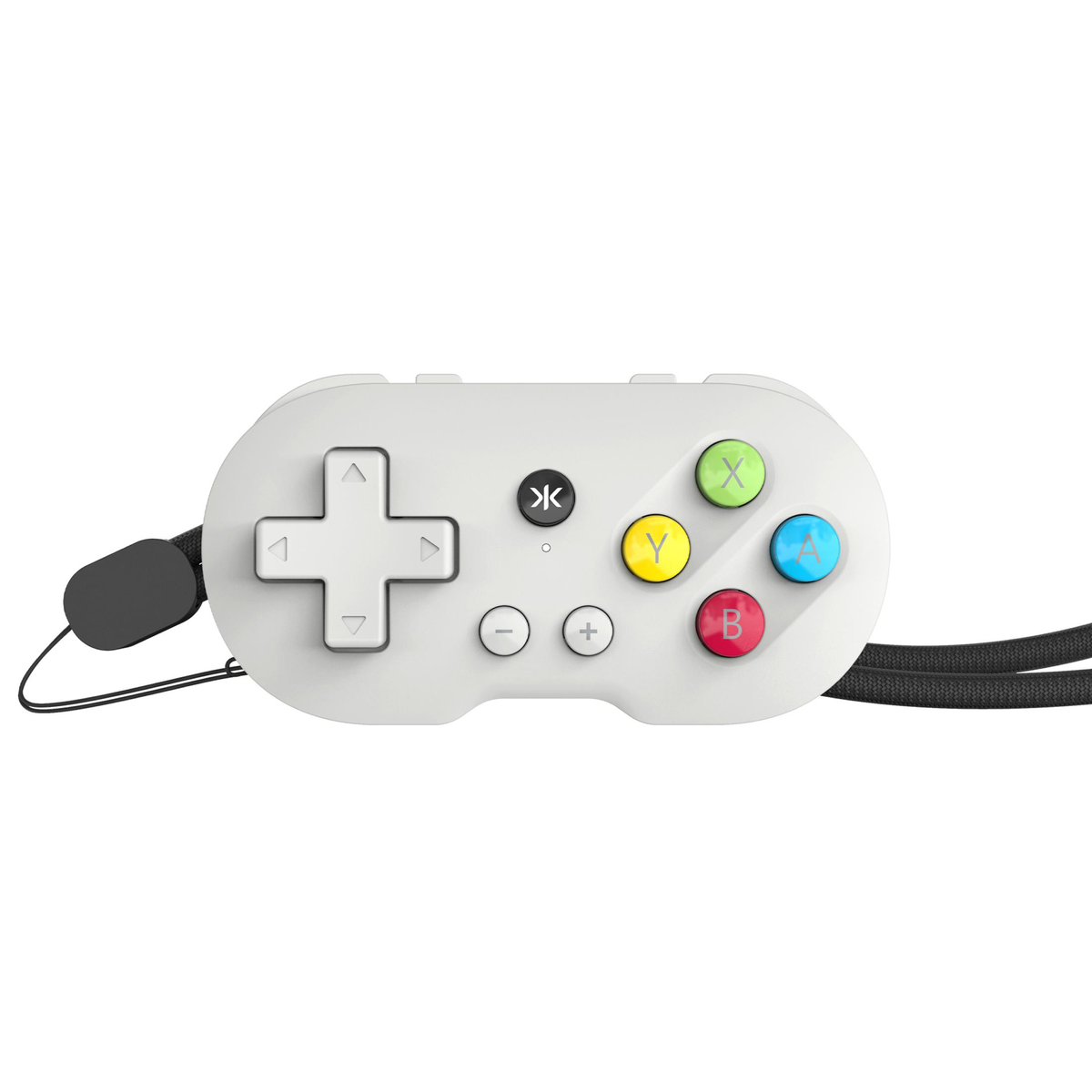 Ein weißer Gamecontroller mit Steuerkreuz, farbigen Knöpfen (X, Y, A, B) und einer schwarzen Handschlaufe, vor weißem Hintergrund.