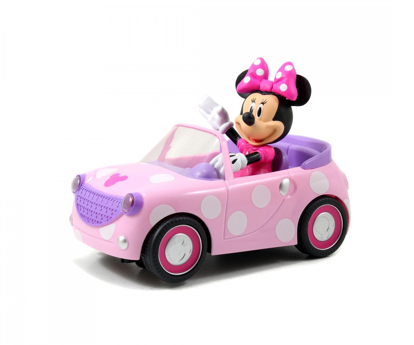 Minnie Mouse en un coche rosa con lunares saludando. El coche tiene lunares blancos y detalles morados. Minnie lleva un vestido rosa.