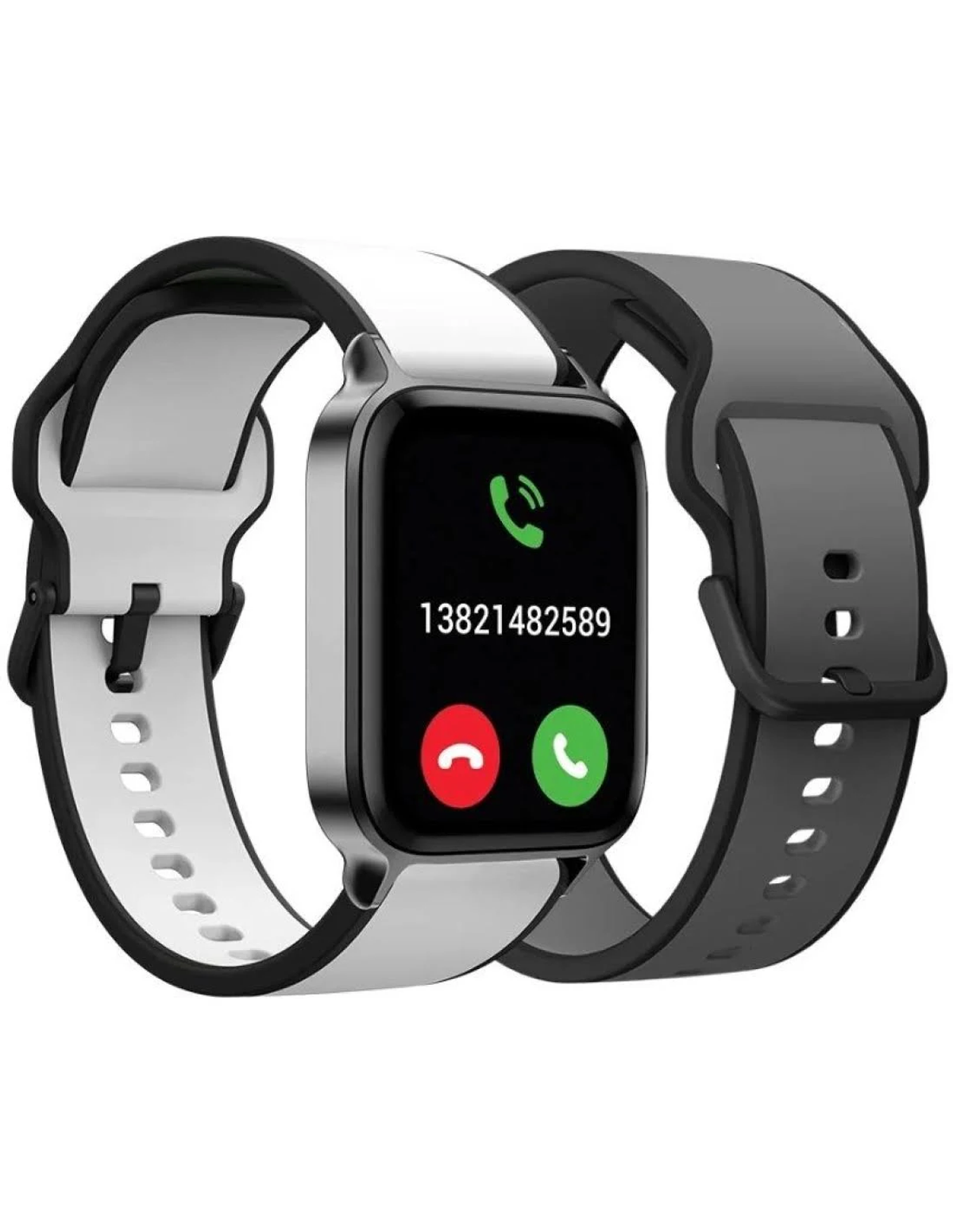 Un reloj inteligente muestra una pantalla de llamada. Tiene una pantalla negra, un número de teléfono y botones de llamada rojos/verdes. La correa es blanca y gris.