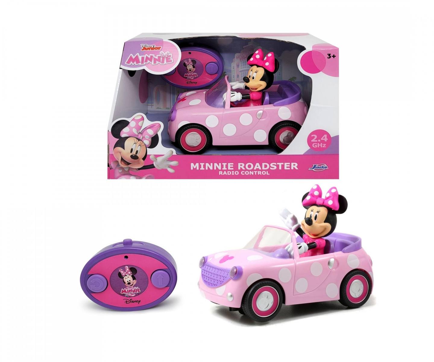 Coche de juguete de Minnie Mouse, rosa con lunares blancos, Minnie conduciendo. Incluye mando a distancia y embalaje. El coche es radiocontrolado.