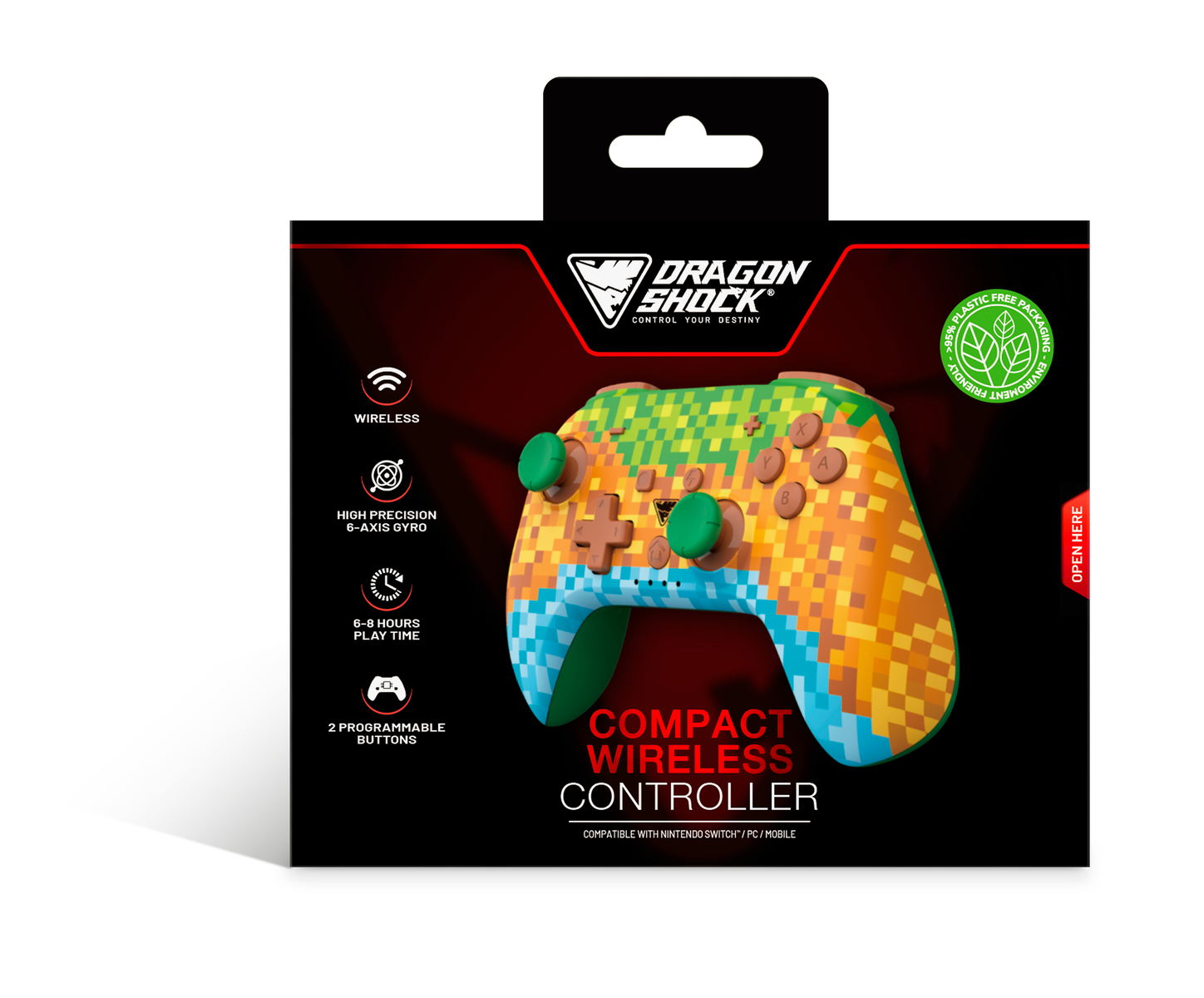 Grafica della confezione di un controller wireless compatto Dragon Shock. Ha un design pixelato e caratteristiche come wireless e pulsanti programmabili.