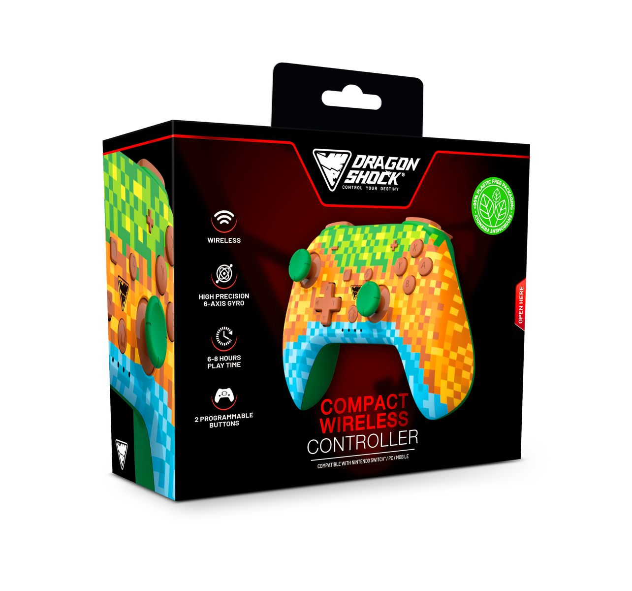 Una scatola del controller di gioco. Ha il marchio Dragon Shock. Il controller ha un design pixelato verde, arancione e blu.