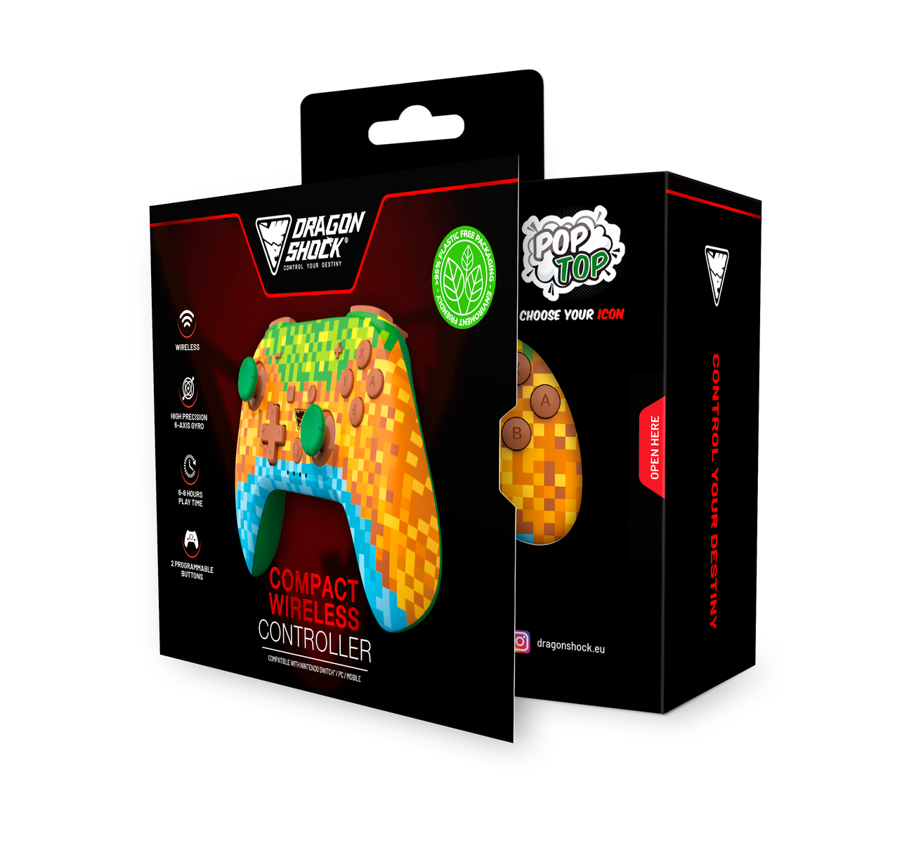 Una scatola del controller di gioco, design a pixel colorati, con il nome Dragon Shock. Una seconda scatola mostra il logo Pop Top.