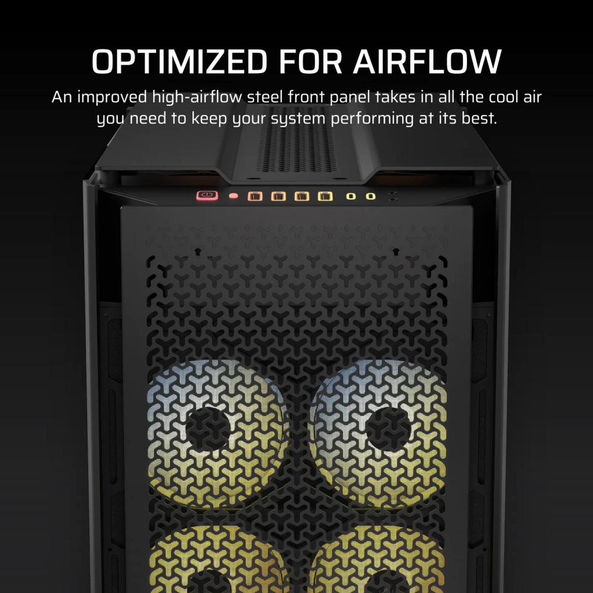 Czarny przód obudowy komputera z wzorzystymi panelami. Przez nie prześwitują żółte i niebieskie światła. Tekst: Zoptymalizowany pod kątem przepływu powietrza.