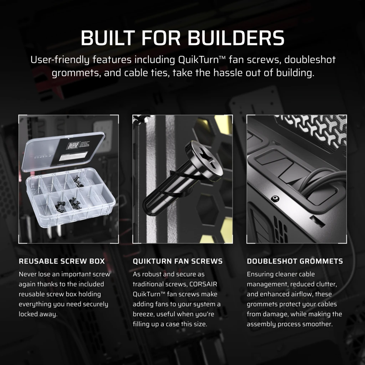 Obraz przedstawia pudełko na śruby, śrubę i funkcje zarządzania kablami w obudowie komputera.