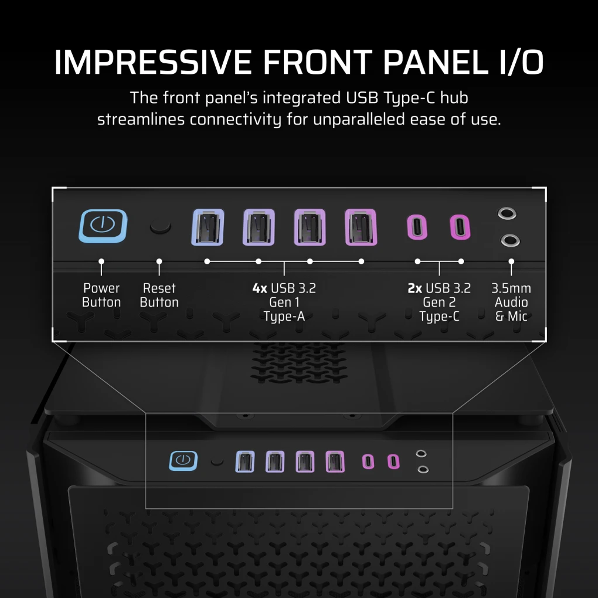 Czarny panel przedni obudowy komputera z przyciskami zasilania, resetowania, portami USB, gniazdami audio. Tekst: IMPRESSIVE FRONT PANEL I/O.