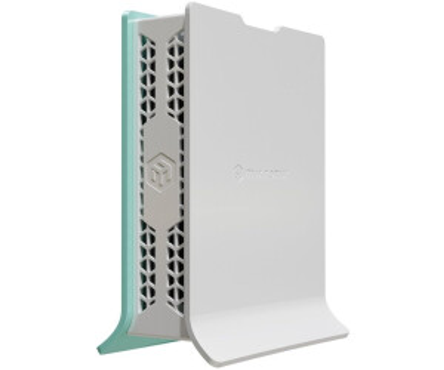 Een witte computerkast met een lichtblauwe accentkleur. De kast heeft een patroon aan de zijkant en een glad voorpaneel. Het logo is zichtbaar.