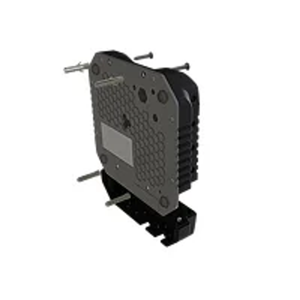 Primer plano de un componente de máquina con placa gris con patrón de panal, elementos negros y tornillos plateados, sobre fondo blanco.