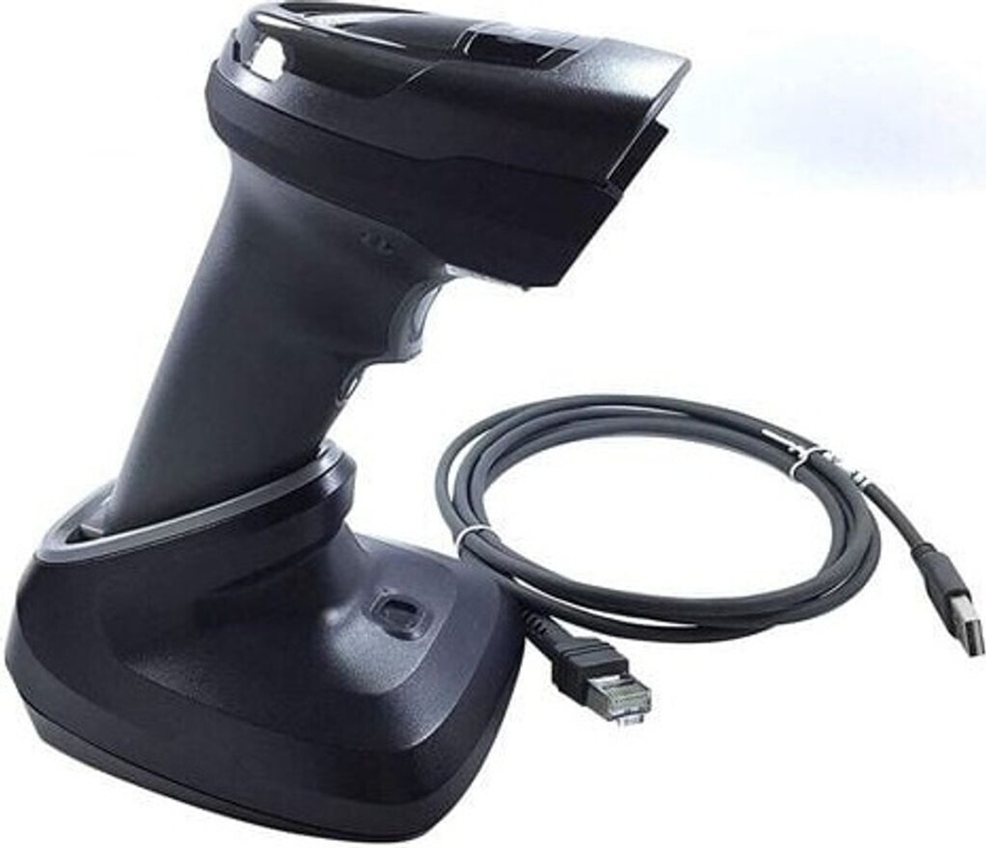 Uno scanner di codici a barre nero con una base e un cavo arrotolato. Lo scanner emette una luce bianca. Sono visibili un connettore USB e Ethernet.