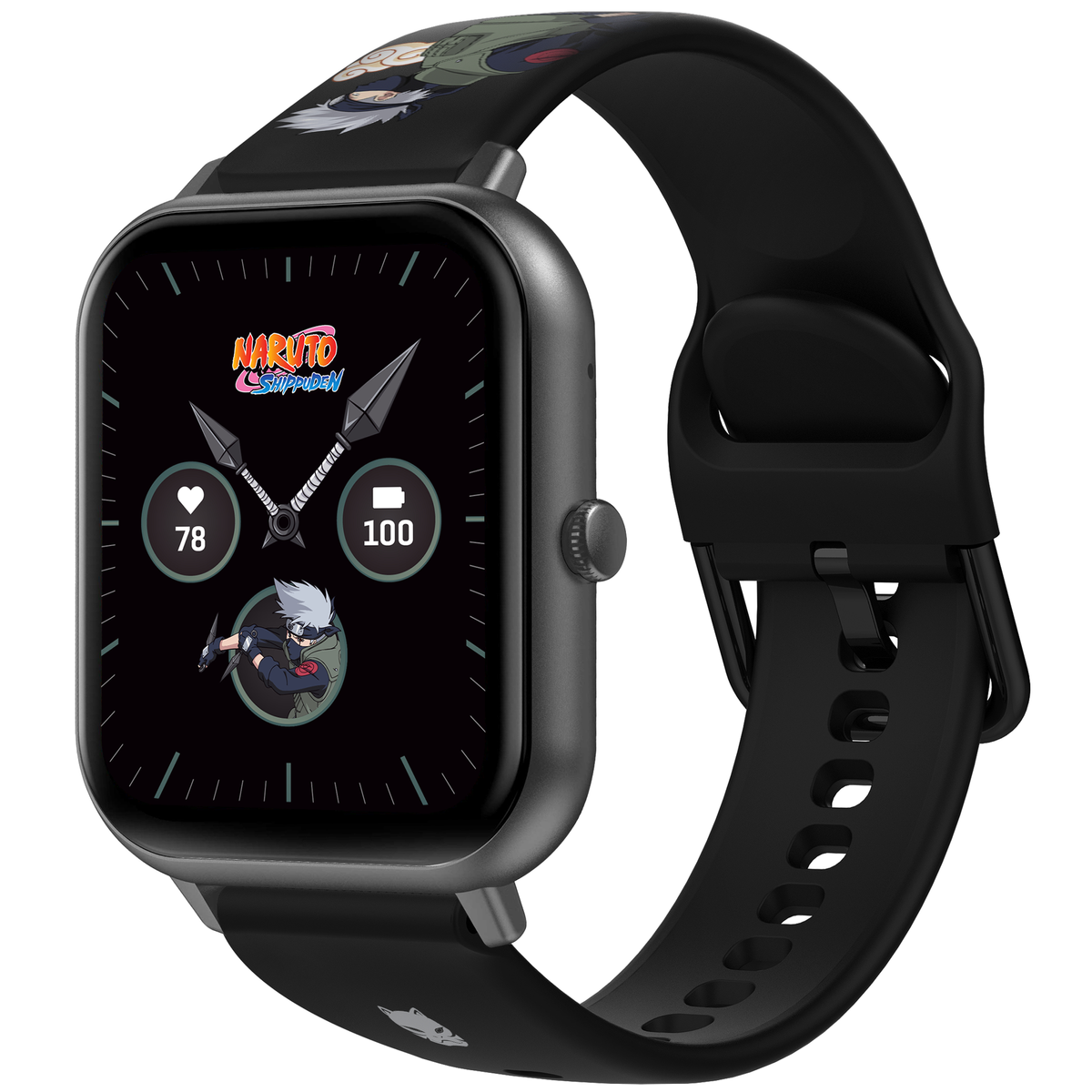 Uno smartwatch nero con personaggi di Naruto sul cinturino e sullo schermo. Lo schermo mostra metriche di salute e un'illustrazione ninja.