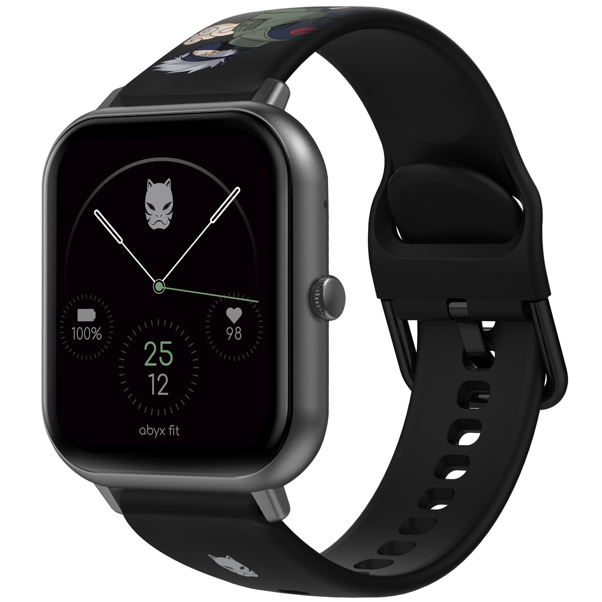 Uno smartwatch con cinturino nero. Il quadrante mostra l'ora, la batteria e la frequenza cardiaca. Il cinturino ha un personaggio dei cartoni animati.