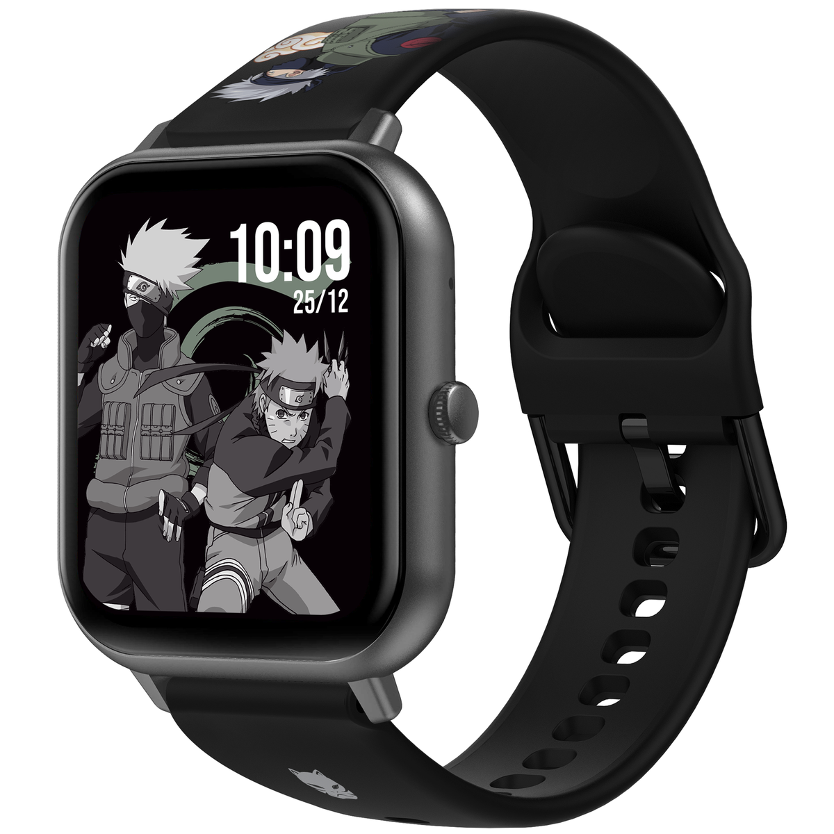 Smartwatch con personaggi di Naruto sullo schermo e sul cinturino. Cinturino e cassa dell'orologio neri. Lo schermo mostra l'ora e la data.