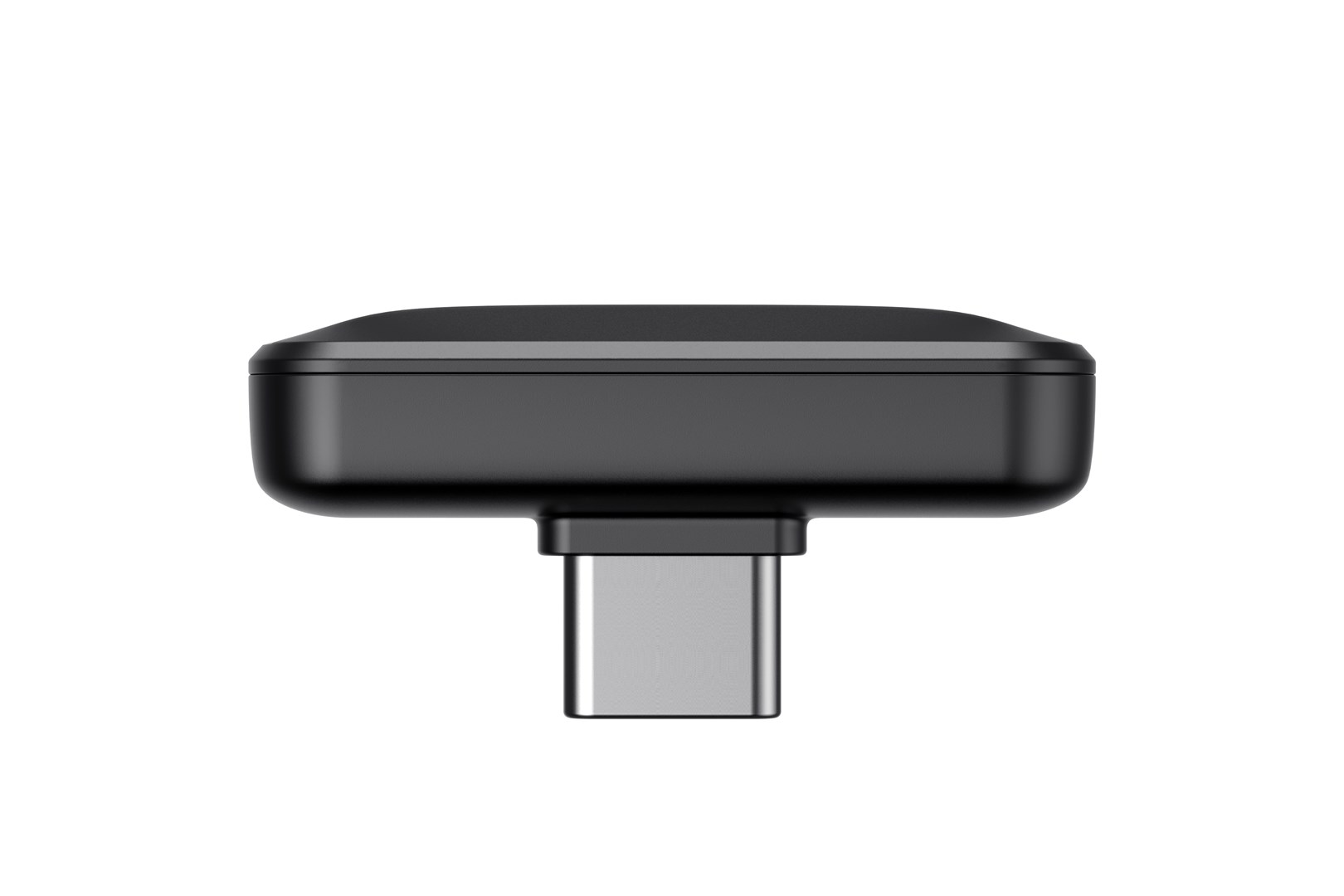 Czarne prostokątne urządzenie ze złączem USB-C. Urządzenie znajduje się na białym tle, odizolowane.