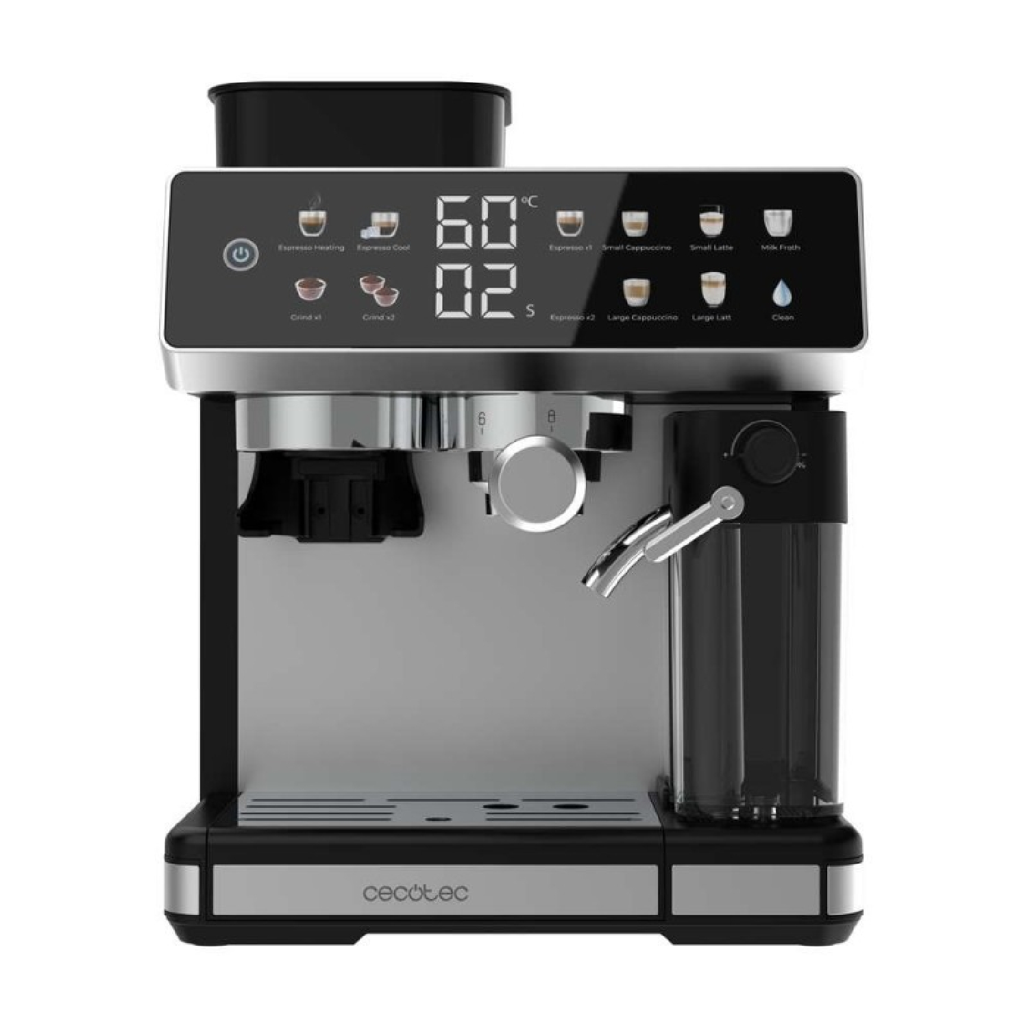 Una moderna macchina per espresso nera e argento con display digitale e varie opzioni di caffè.