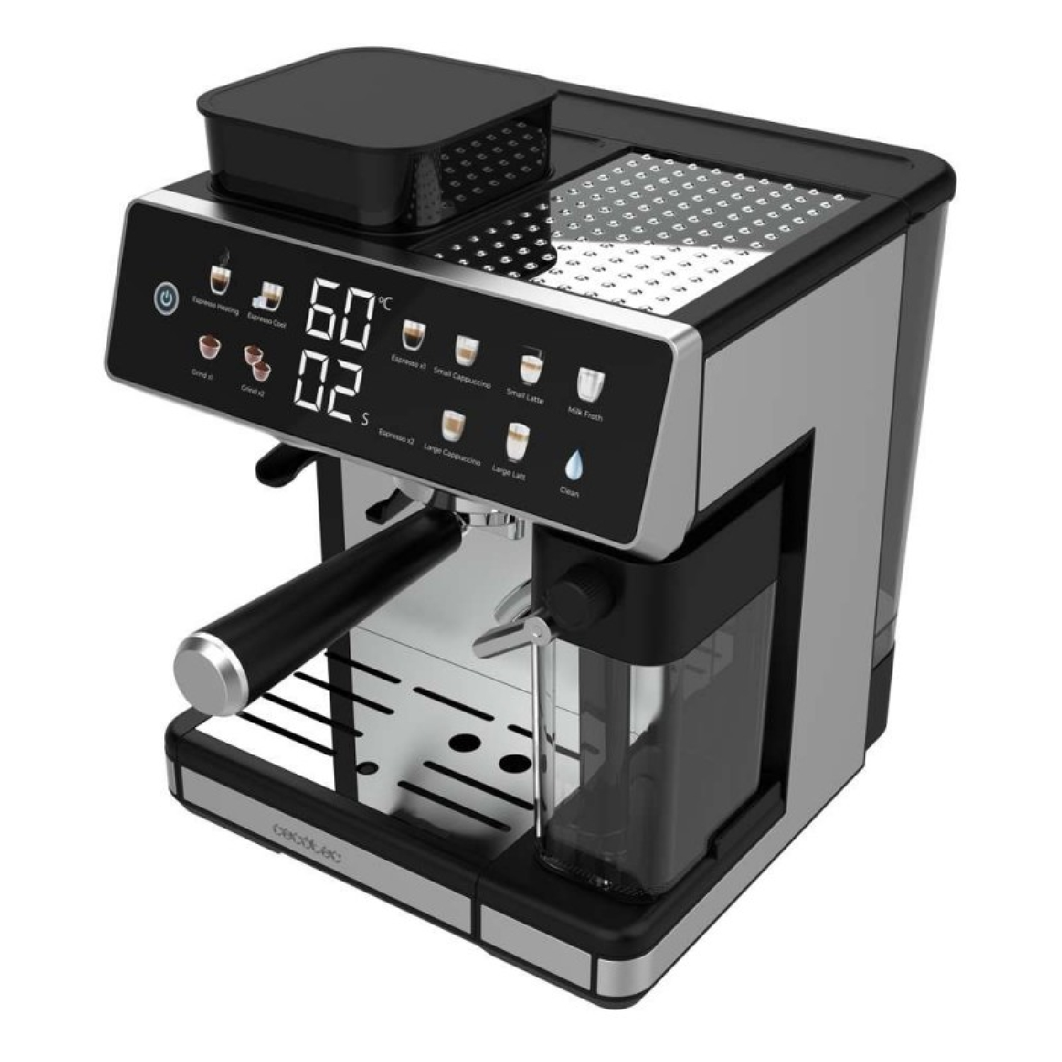 Una moderna macchina per espresso argento e nera con display digitale. Ha un serbatoio dell'acqua e un'erogatore di vapore.