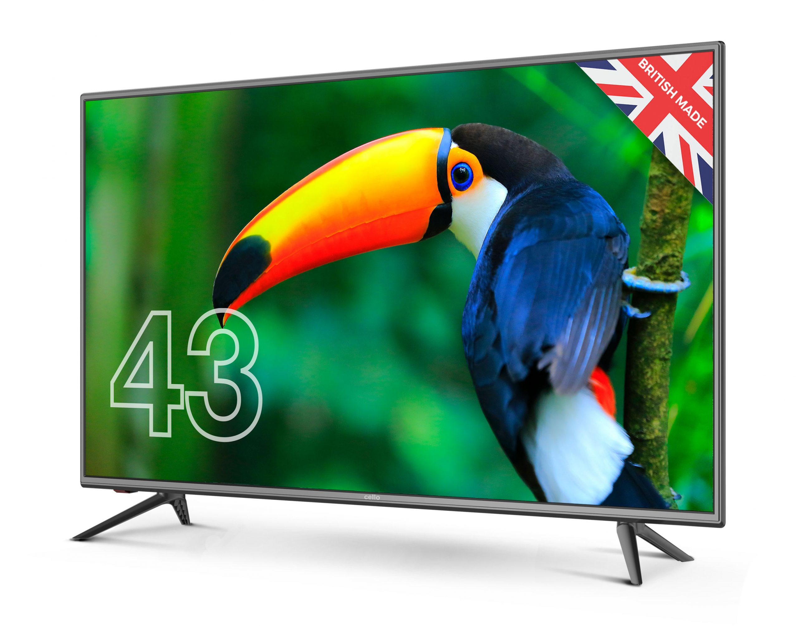 Ein 43-Zoll-Fernseher zeigt einen Tukan. Er hat einen bunten Schnabel und einen grünen Hintergrund. Ein Aufkleber "British Made" ist in der Ecke.